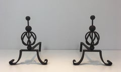 Pair of Wrought Iron Andirons, French
