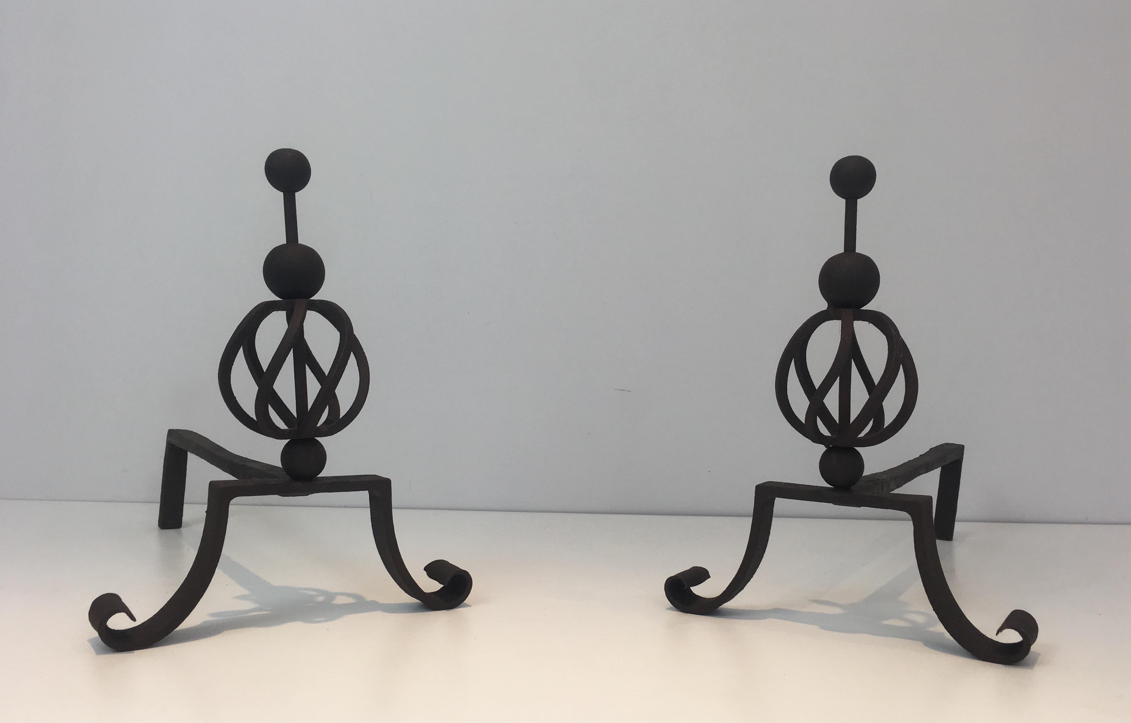 Mid-Century Modern Pair of Wrought Iron Andirons, French For Sale