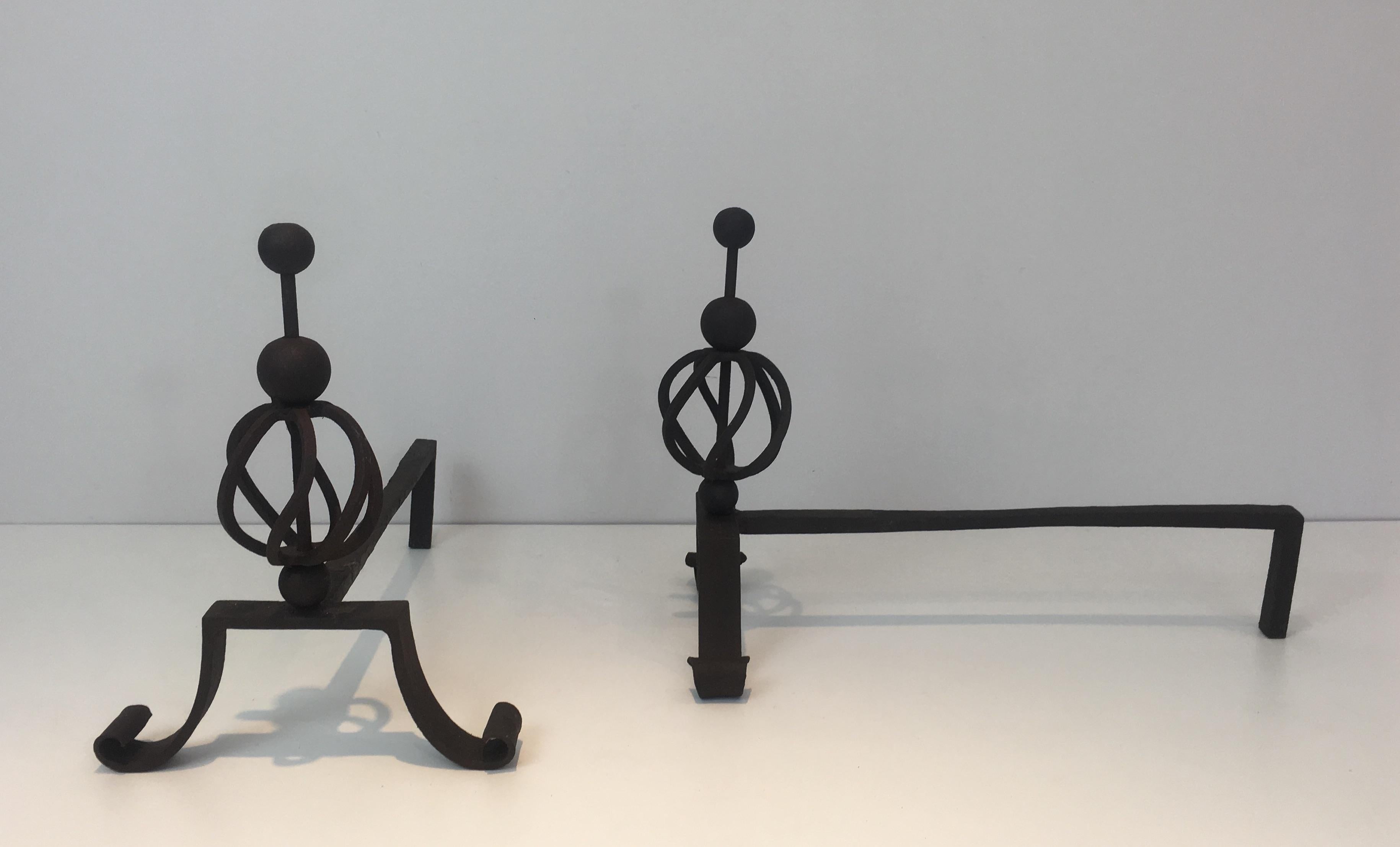 Mid-20th Century Pair of Wrought Iron Andirons, French For Sale