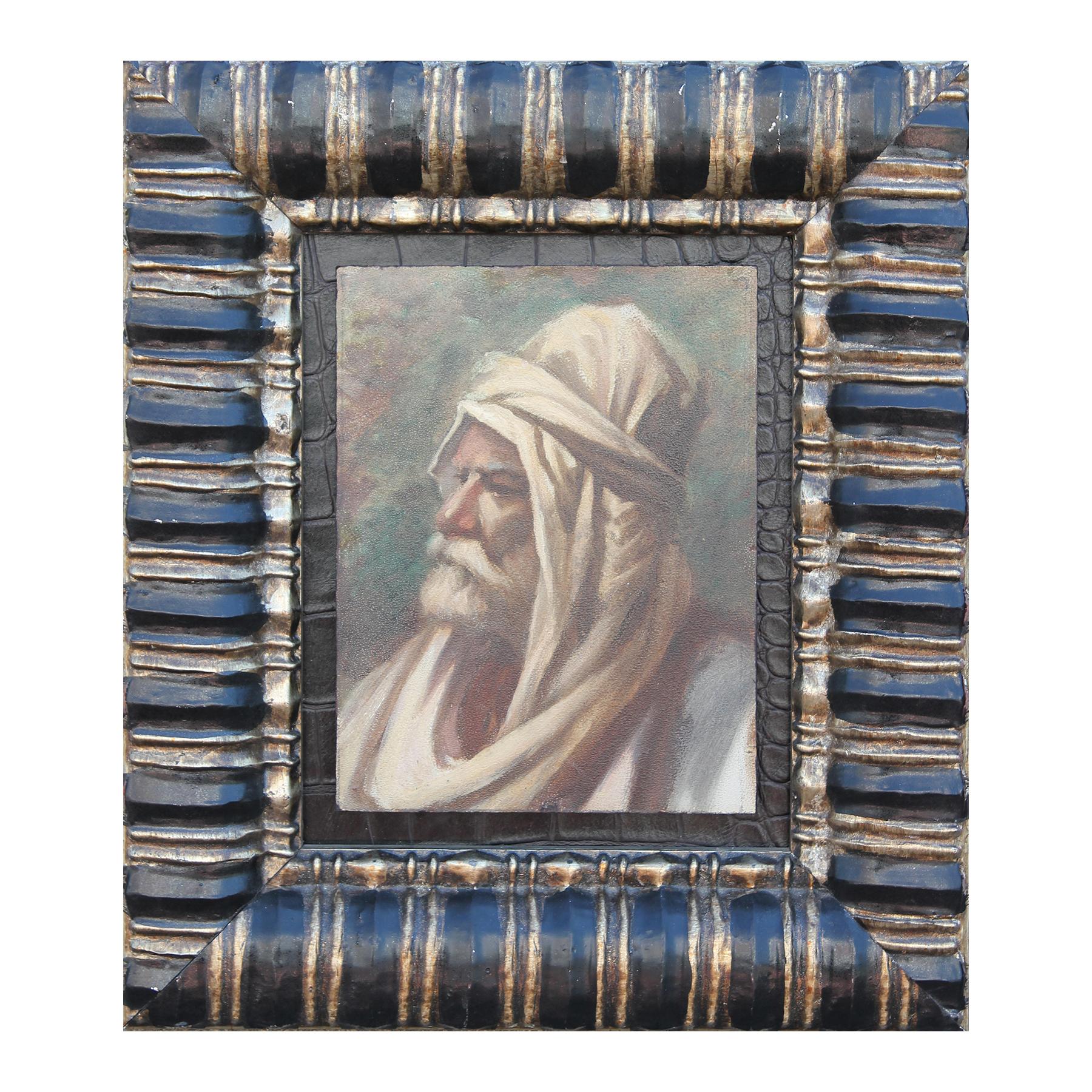 (In the style of) John Singer Sargent Figurative Painting - Oil Painting Portrait of an Elderly Arab Man Wearing a White Headdress 