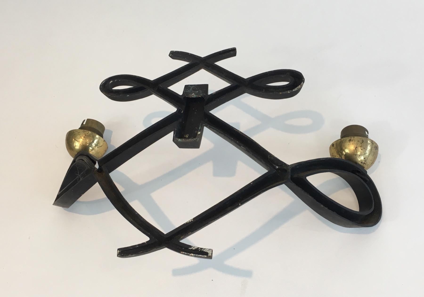 in the Style of Jules Leleu, Pair of Black Lacquered and Brass Design For Sale 1
