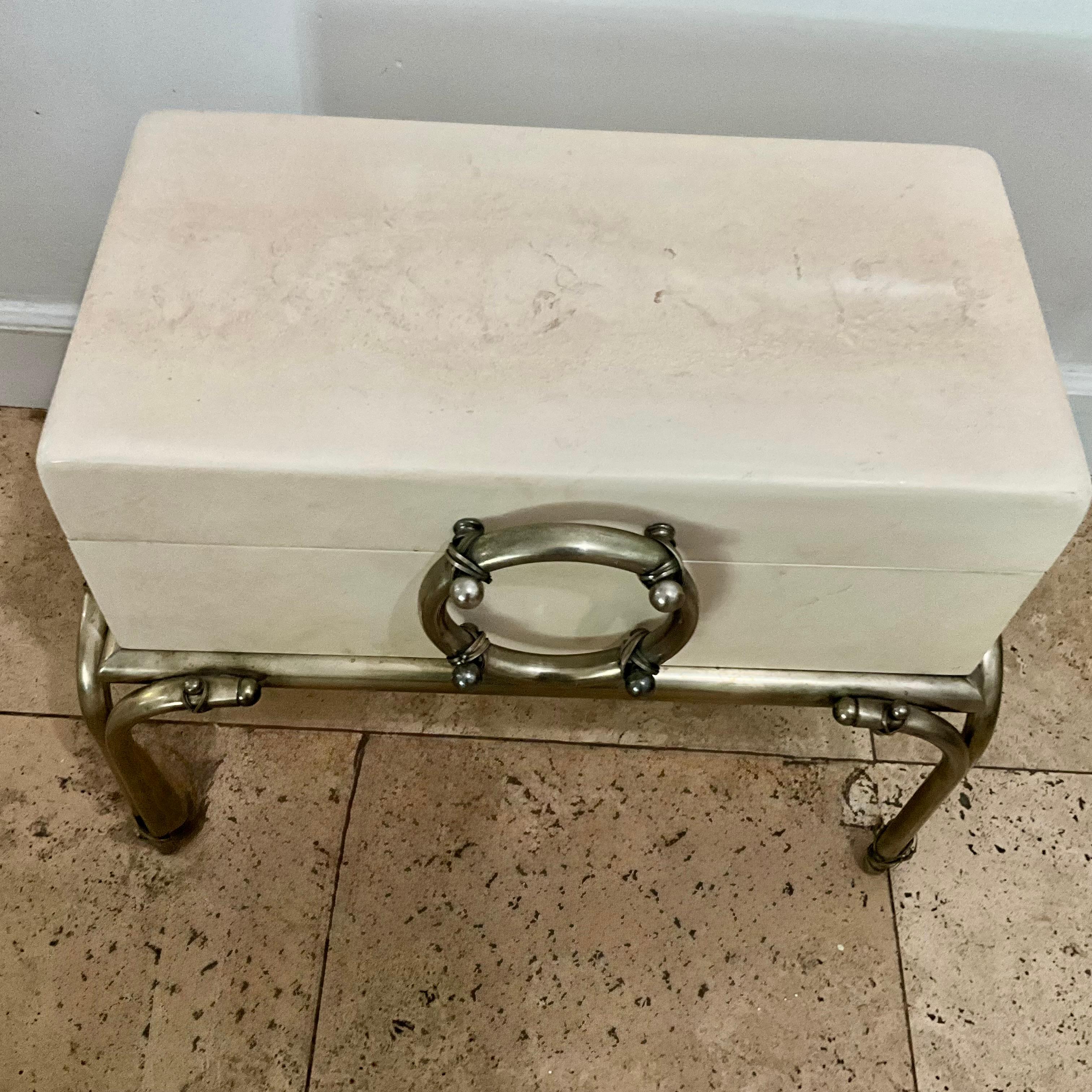 In the Style of Karl Springer Parchment and Brass Chest on Stand, 1970s For Sale 2