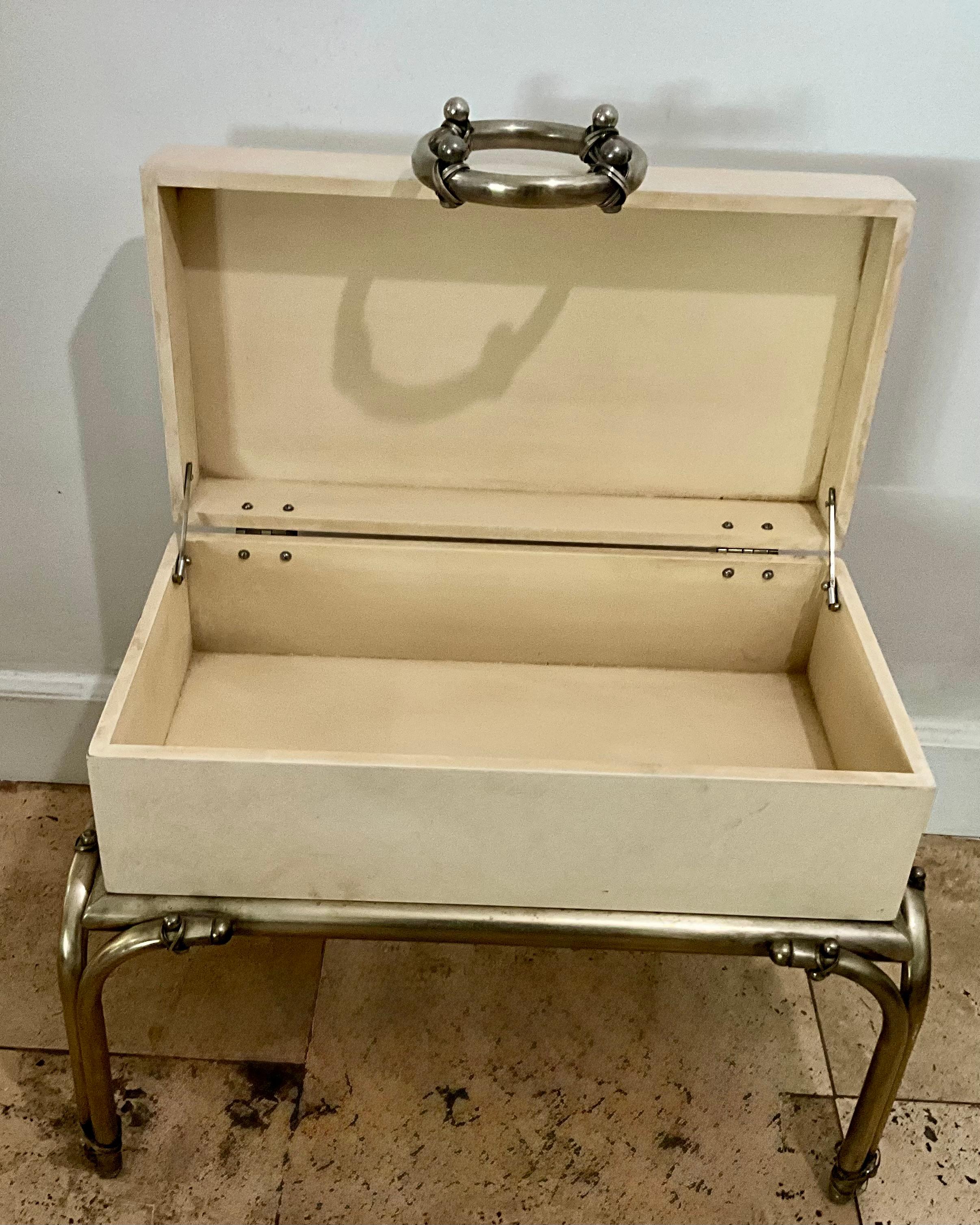 Hand-Crafted In the Style of Karl Springer Parchment and Brass Chest on Stand, 1970s For Sale