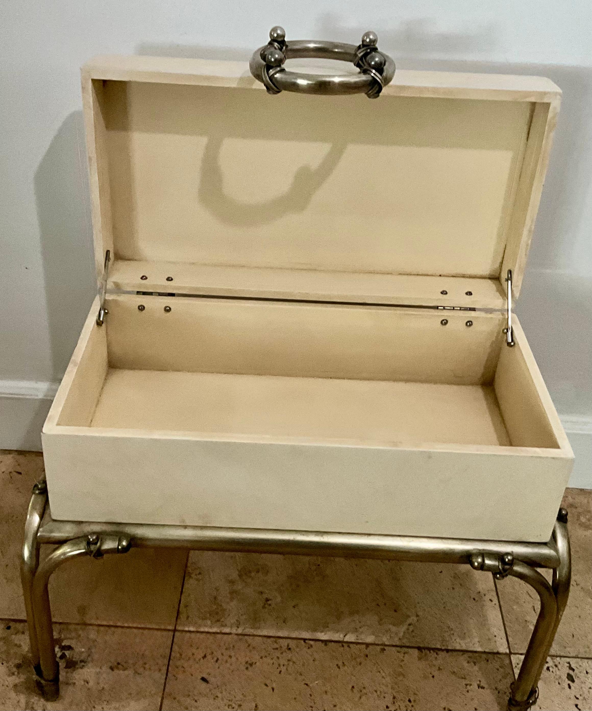 In the Style of Karl Springer Parchment and Brass Chest on Stand, 1970s In Good Condition For Sale In West Palm Beach, US