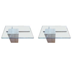 Pair of 1960s-1970s Travertine/Glass End Tables in the Style of Le Corbusier