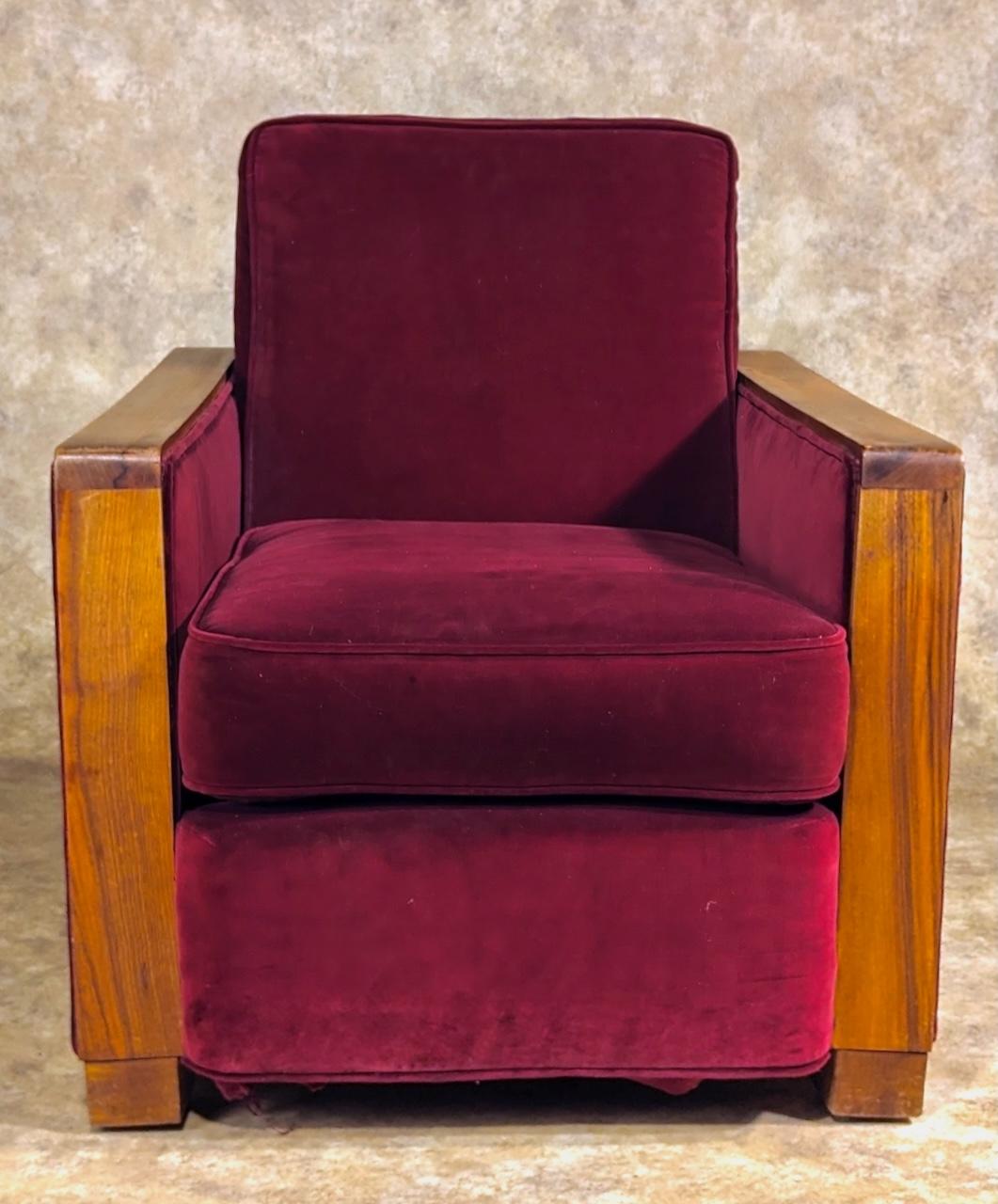 French Modernist Art Deco pair of club chairs in the style of Louis Sognot, circa 1930. Solid French walnut frames. Unrestored in the photos. 30” wide x 34” deep x 32” high. Arms 23” high.

LOUIS SOGNOT

(1892-1970)

French Designer and