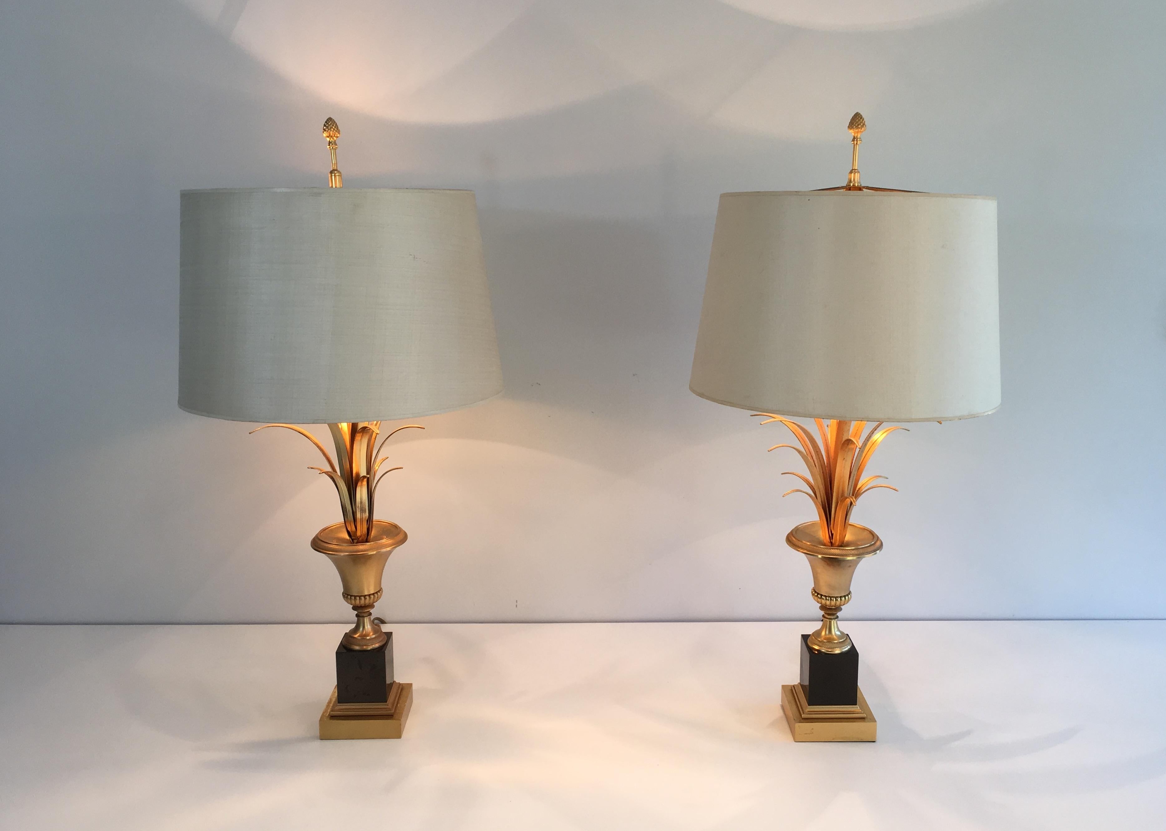 Mid-Century Modern In the Style of Maison Charles, Pair of Black and Gold Palm Tree Table Lamps