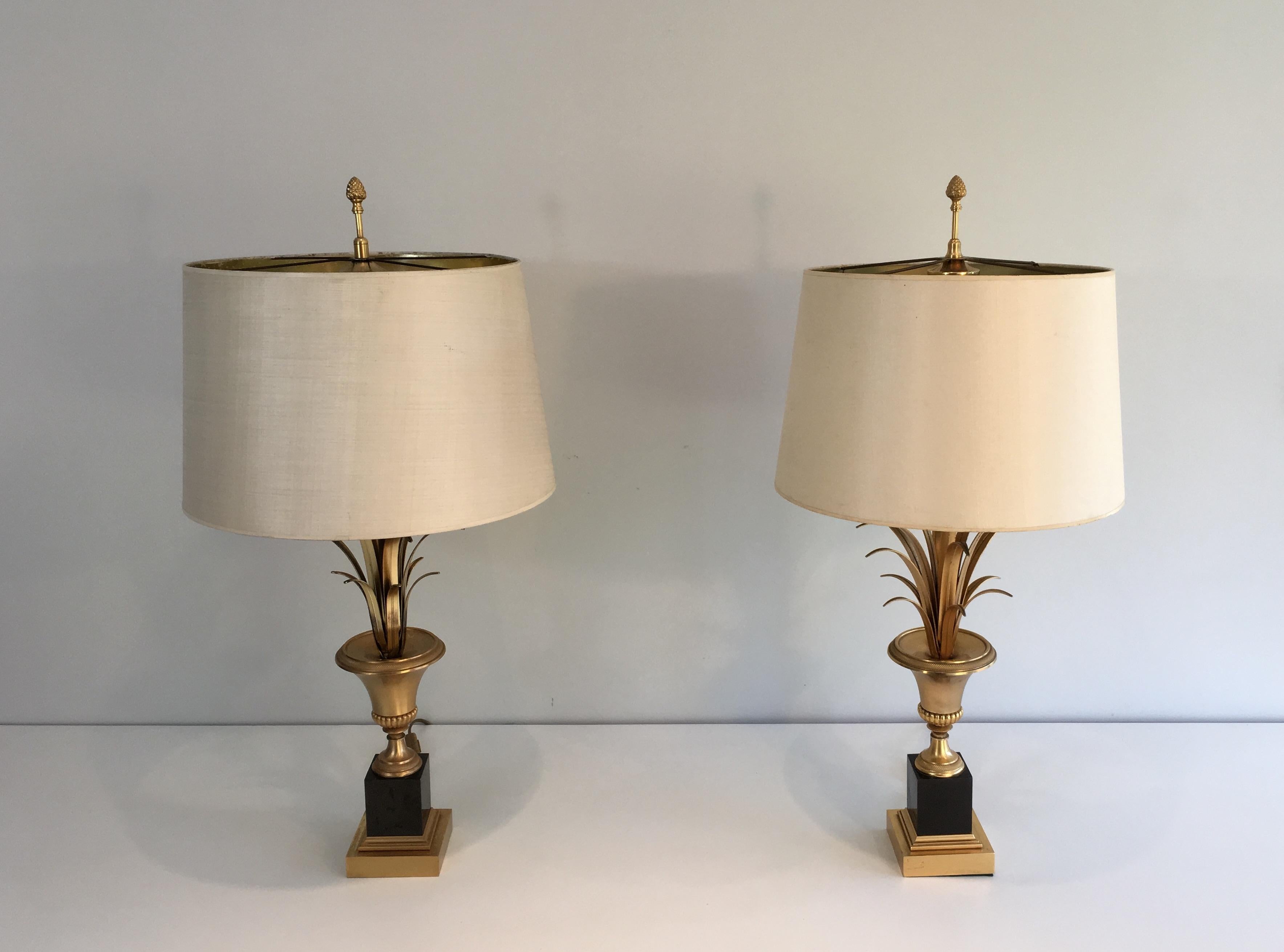 French In the Style of Maison Charles, Pair of Black and Gold Palm Tree Table Lamps