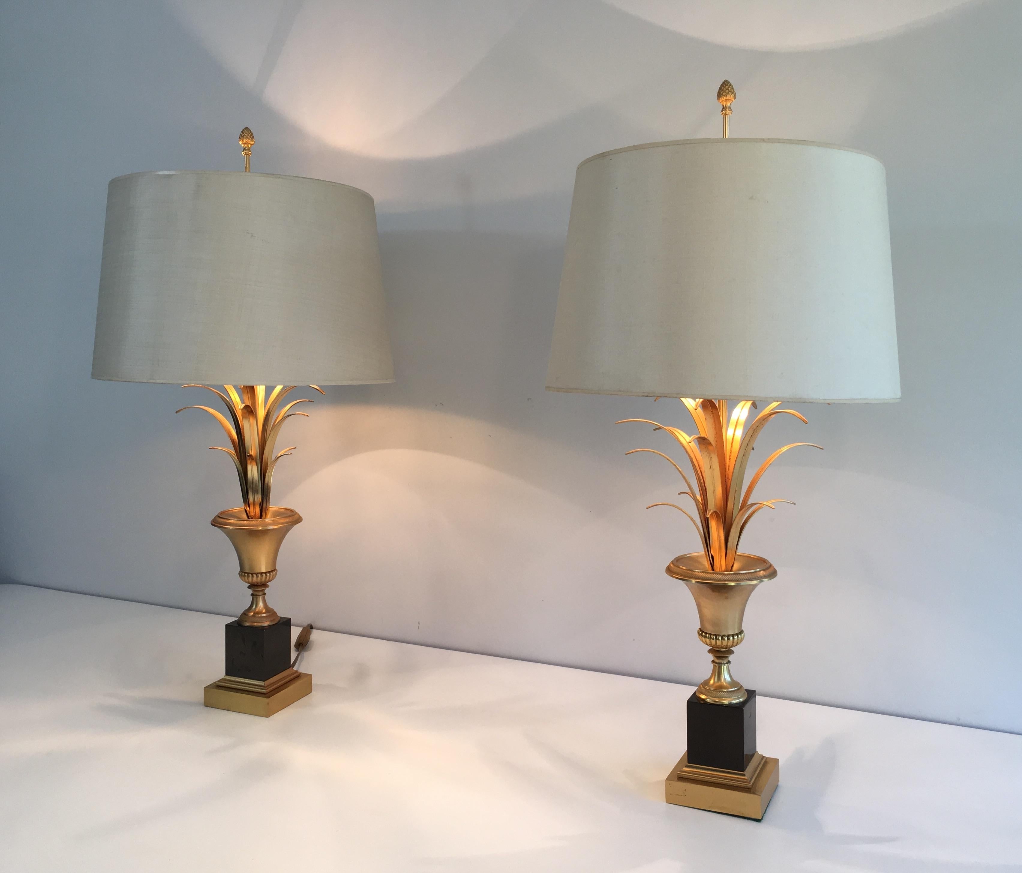In the Style of Maison Charles, Pair of Black and Gold Palm Tree Table Lamps In Good Condition In Marcq-en-Barœul, Hauts-de-France