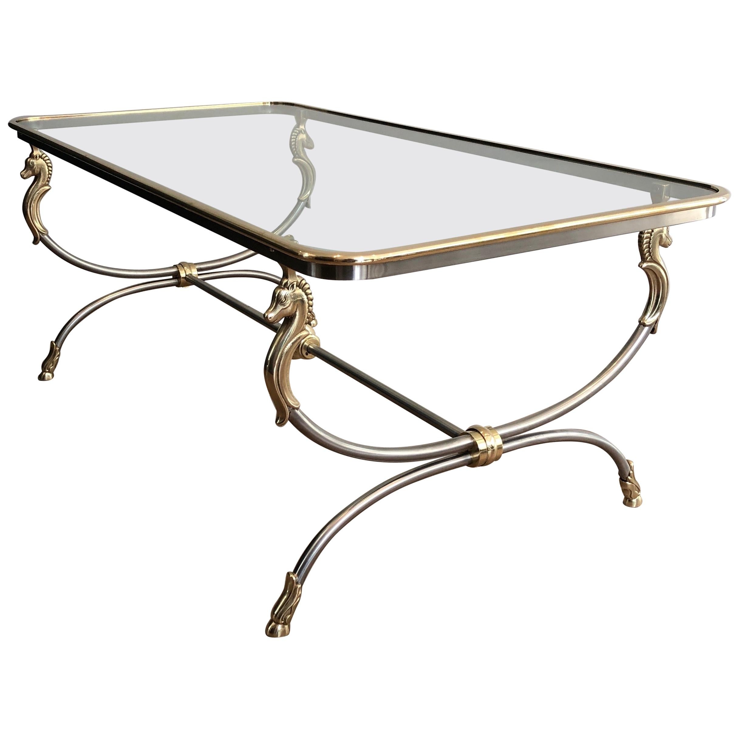 In the style of Maison Jansen. Large Brushed Steel and Brass Coffee Table For Sale
