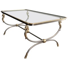 In the style of Maison Jansen. Large Brushed Steel and Brass Coffee Table