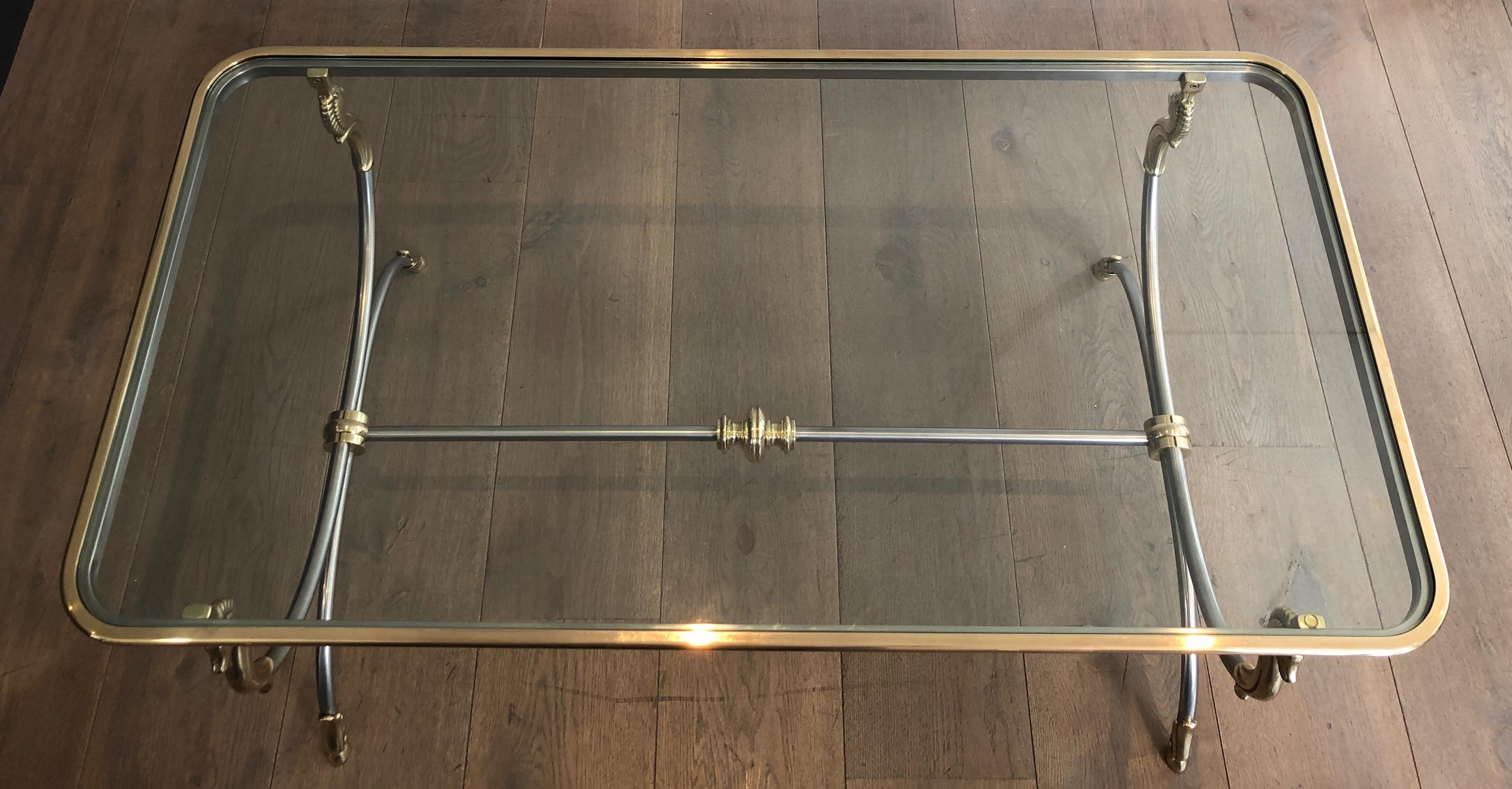 In the style of Maison Jansen. Large Brushed Steel and Brass Coffee Table 4