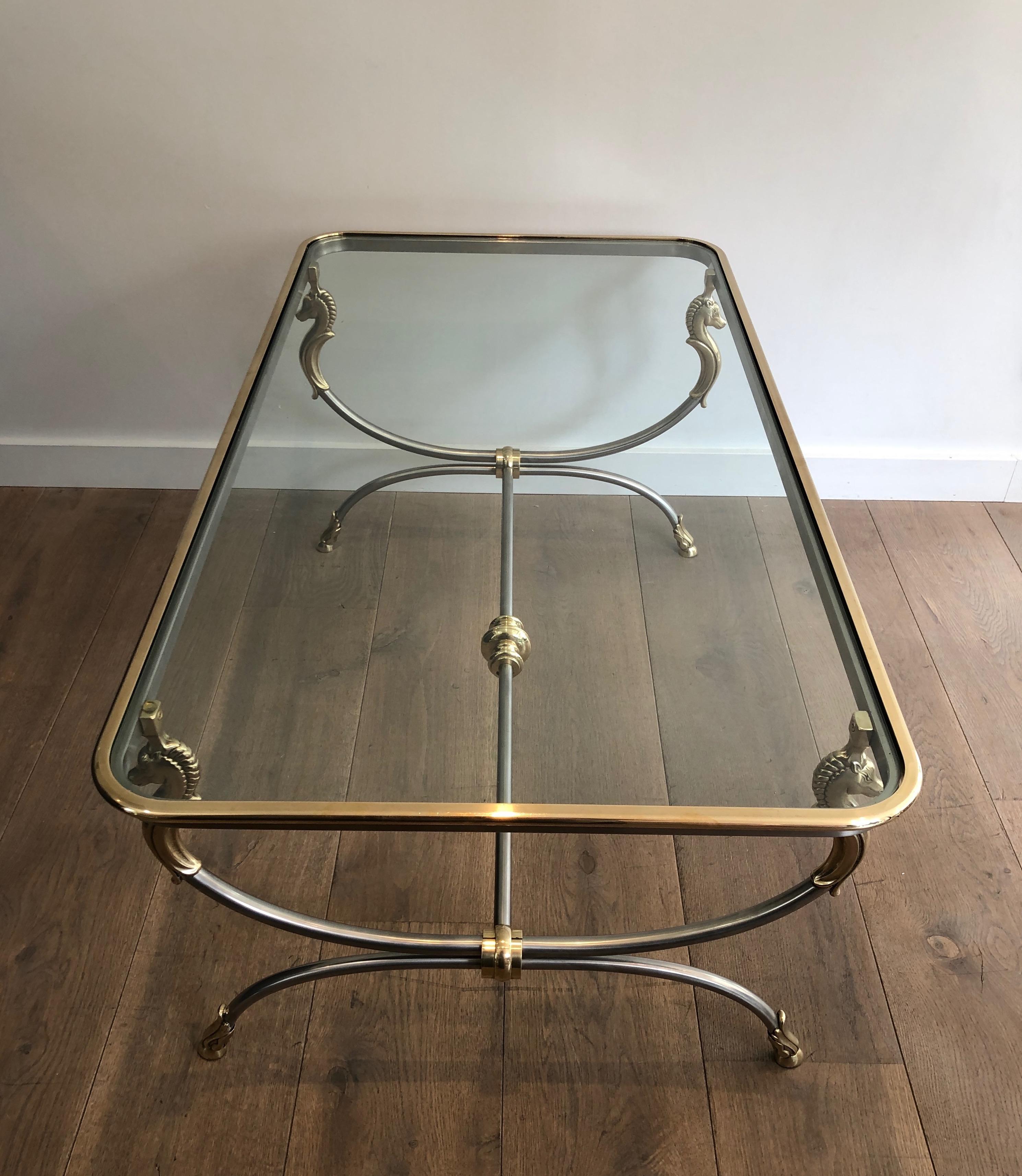 In the style of Maison Jansen. Large Brushed Steel and Brass Coffee Table 5