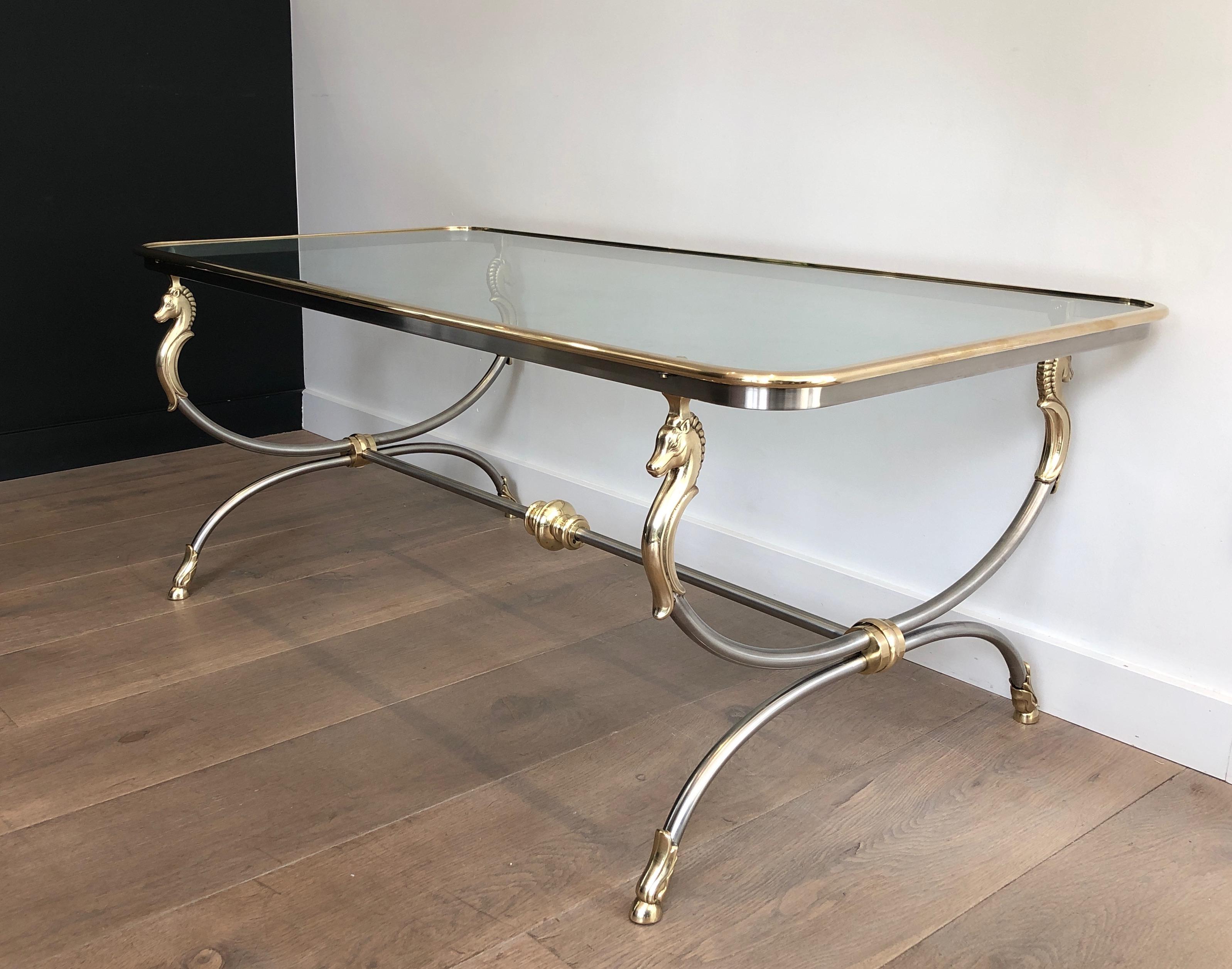 In the style of Maison Jansen. Large Brushed Steel and Brass Coffee Table 6