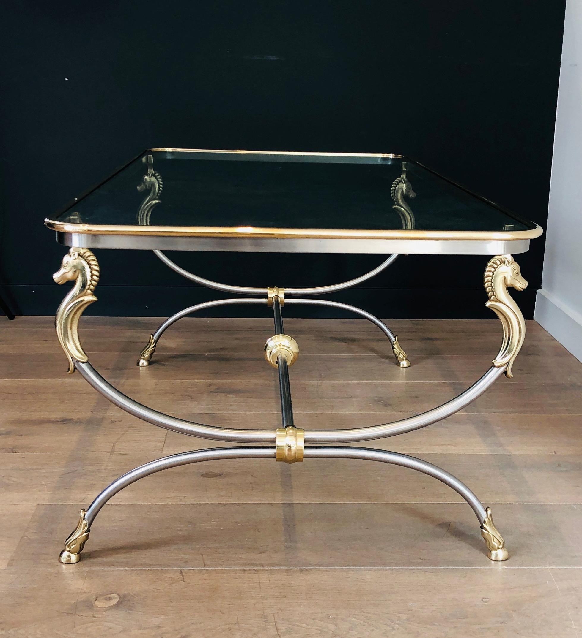 In the style of Maison Jansen. Large Brushed Steel and Brass Coffee Table For Sale 7