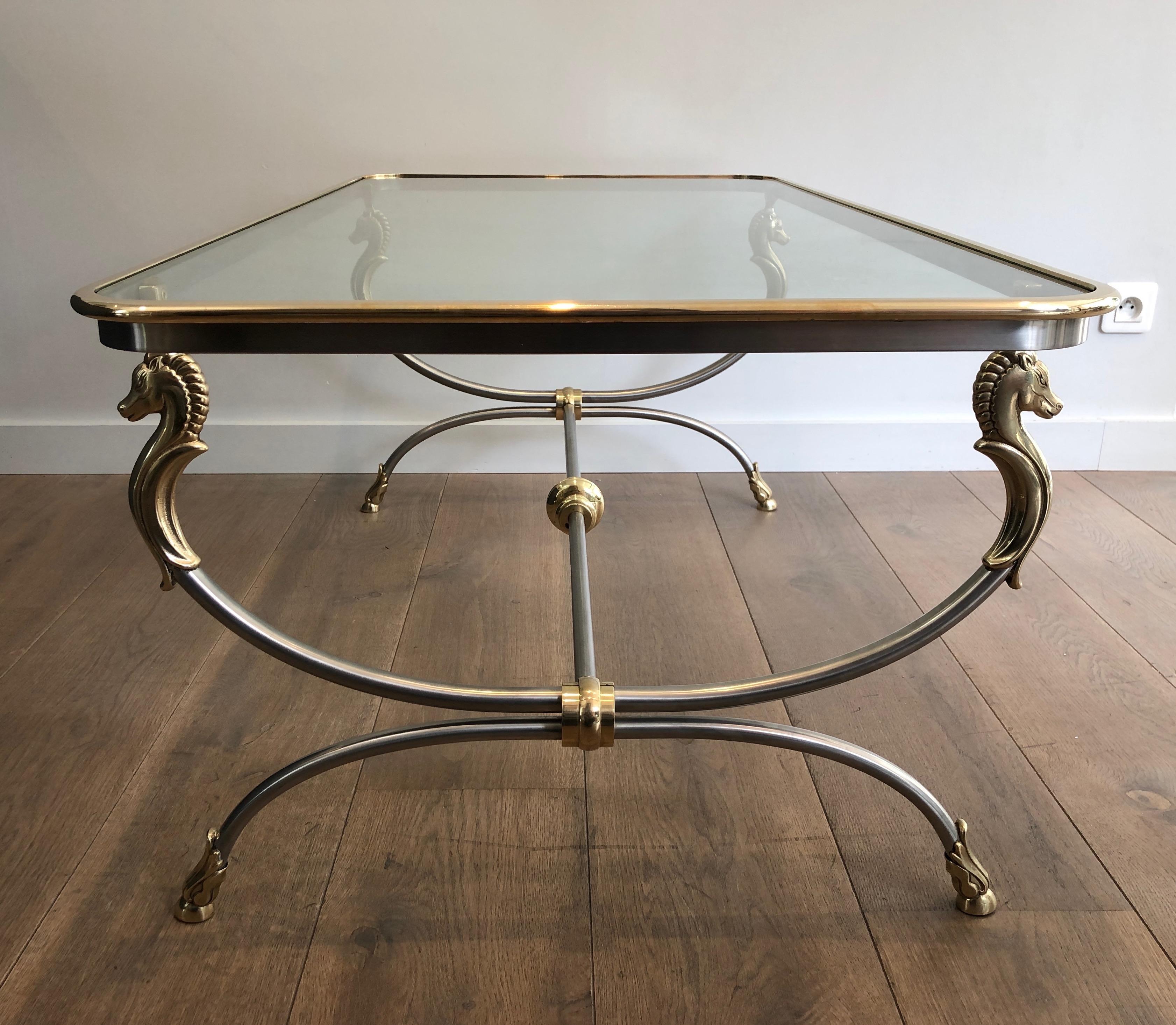 In the style of Maison Jansen. Large Brushed Steel and Brass Coffee Table For Sale 8