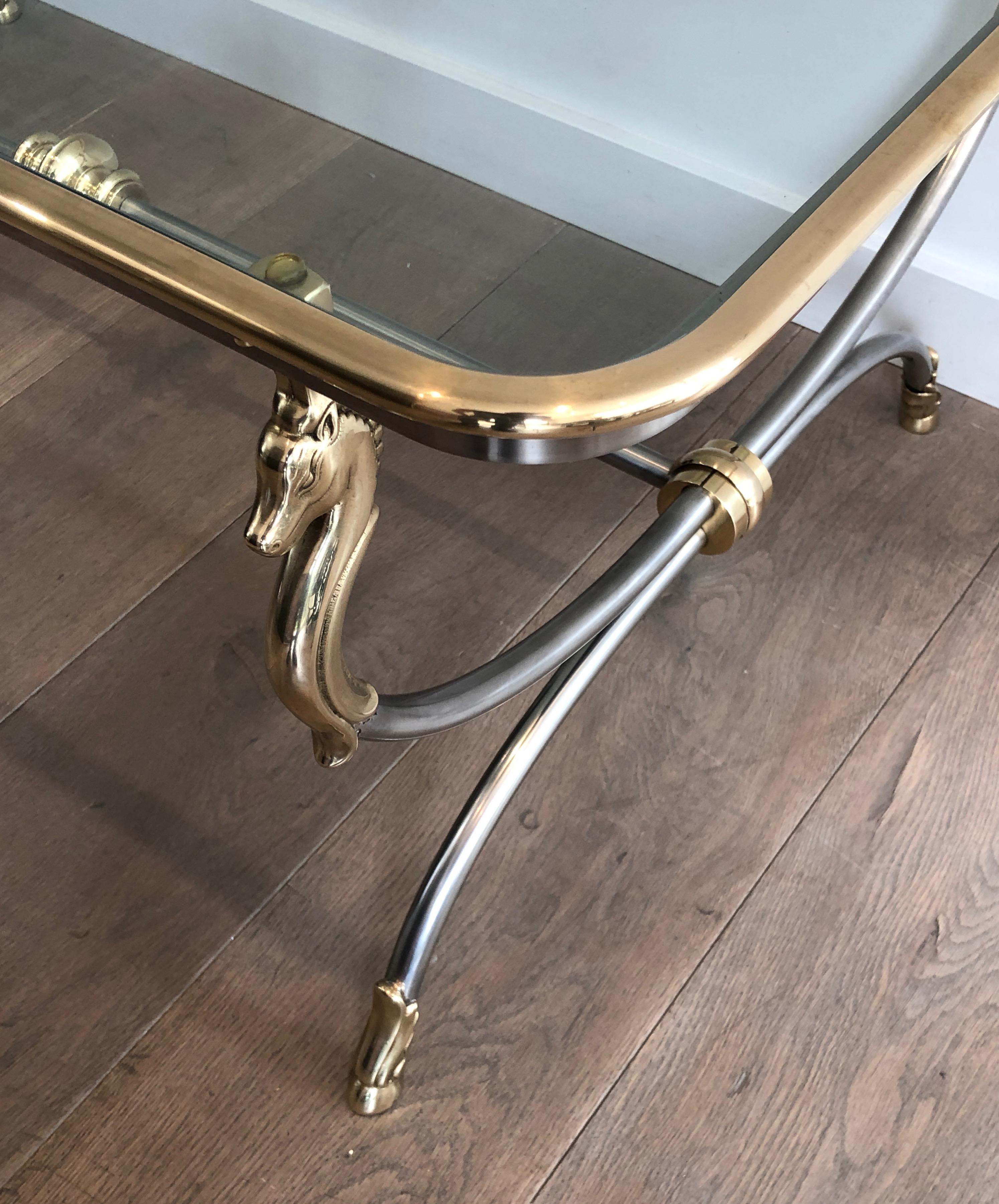 In the style of Maison Jansen. Large Brushed Steel and Brass Coffee Table 9