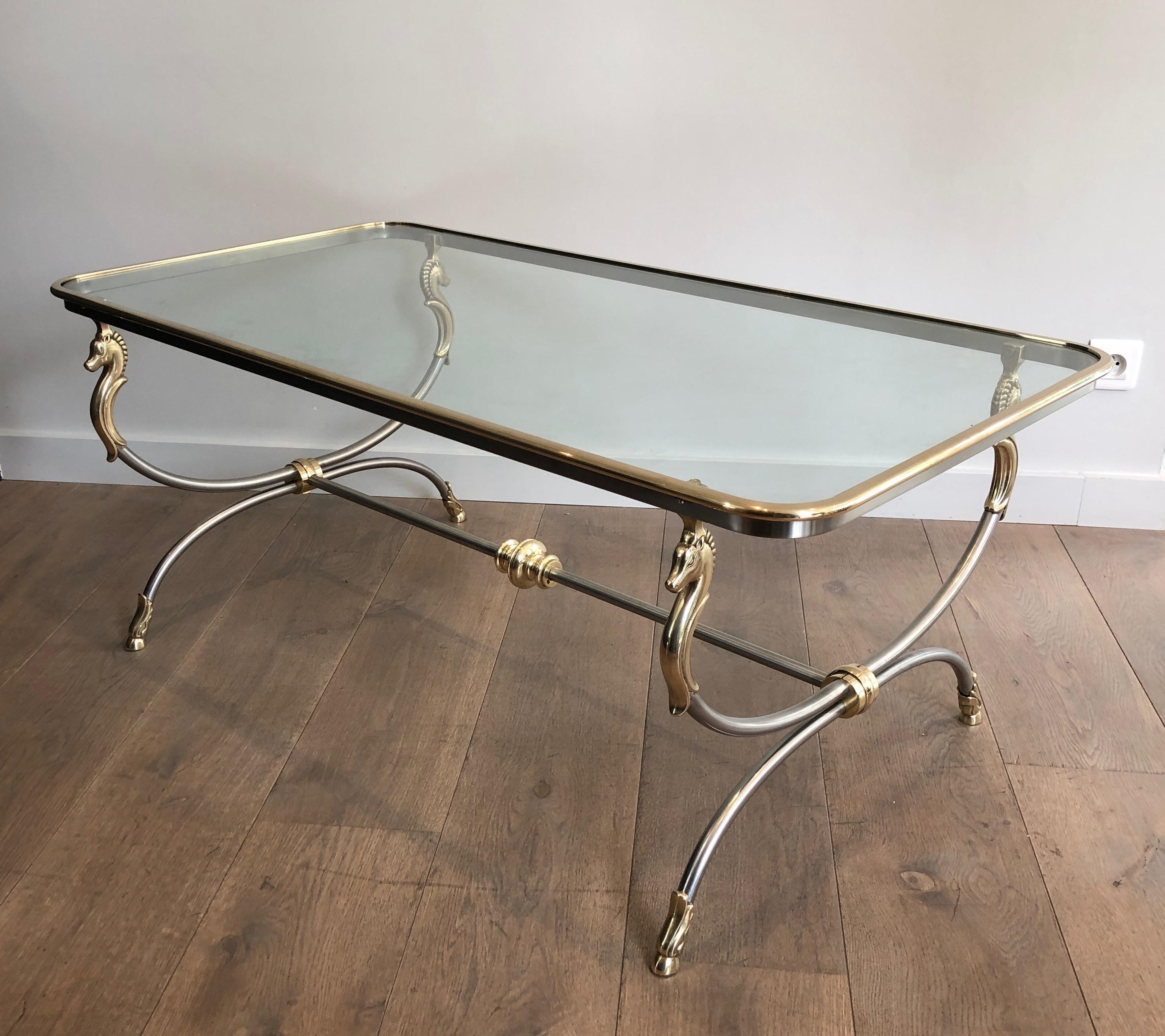 In the style of Maison Jansen. Large Brushed Steel and Brass Coffee Table For Sale 13