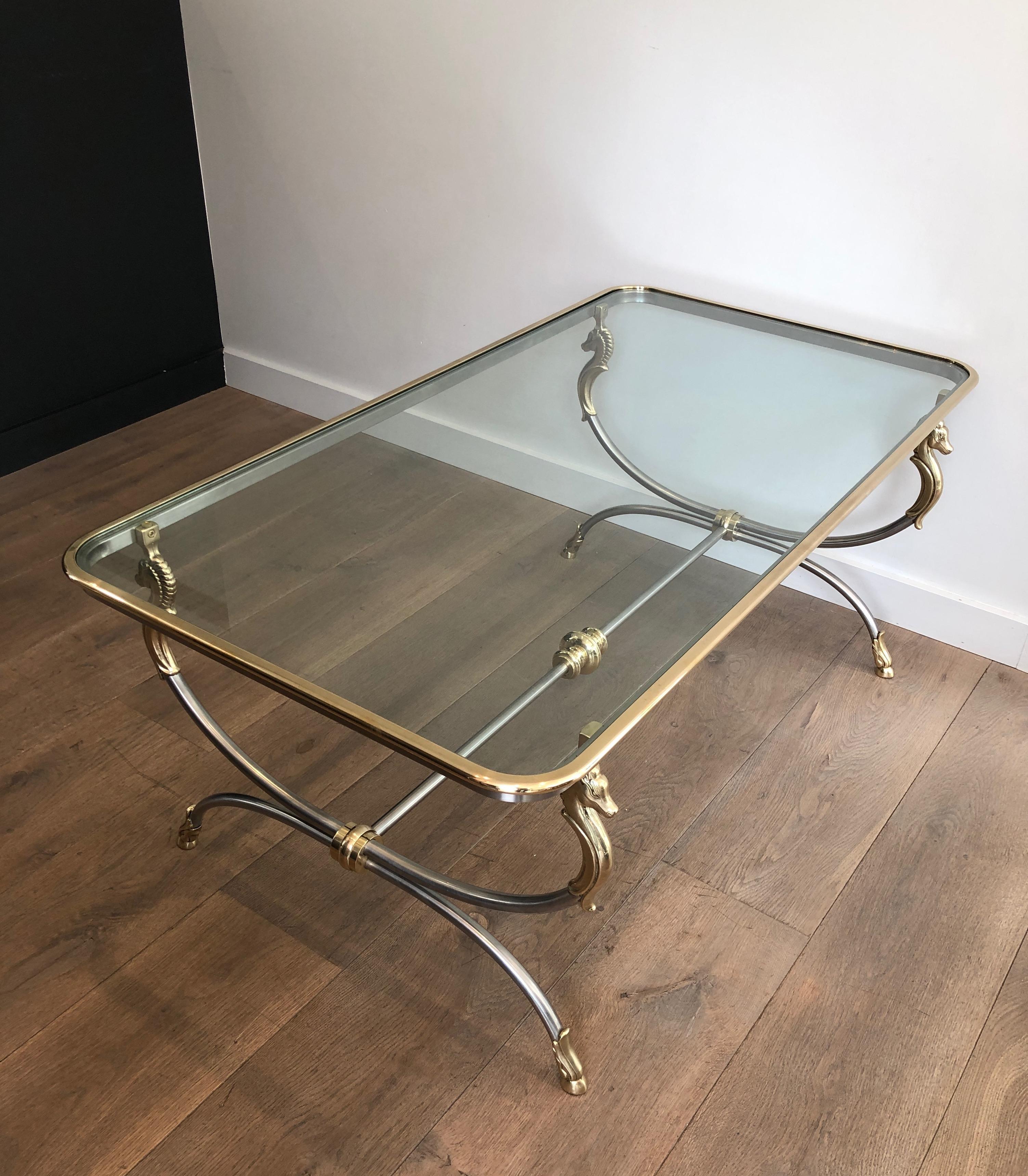 In the style of Maison Jansen. Large Brushed Steel and Brass Coffee Table 14