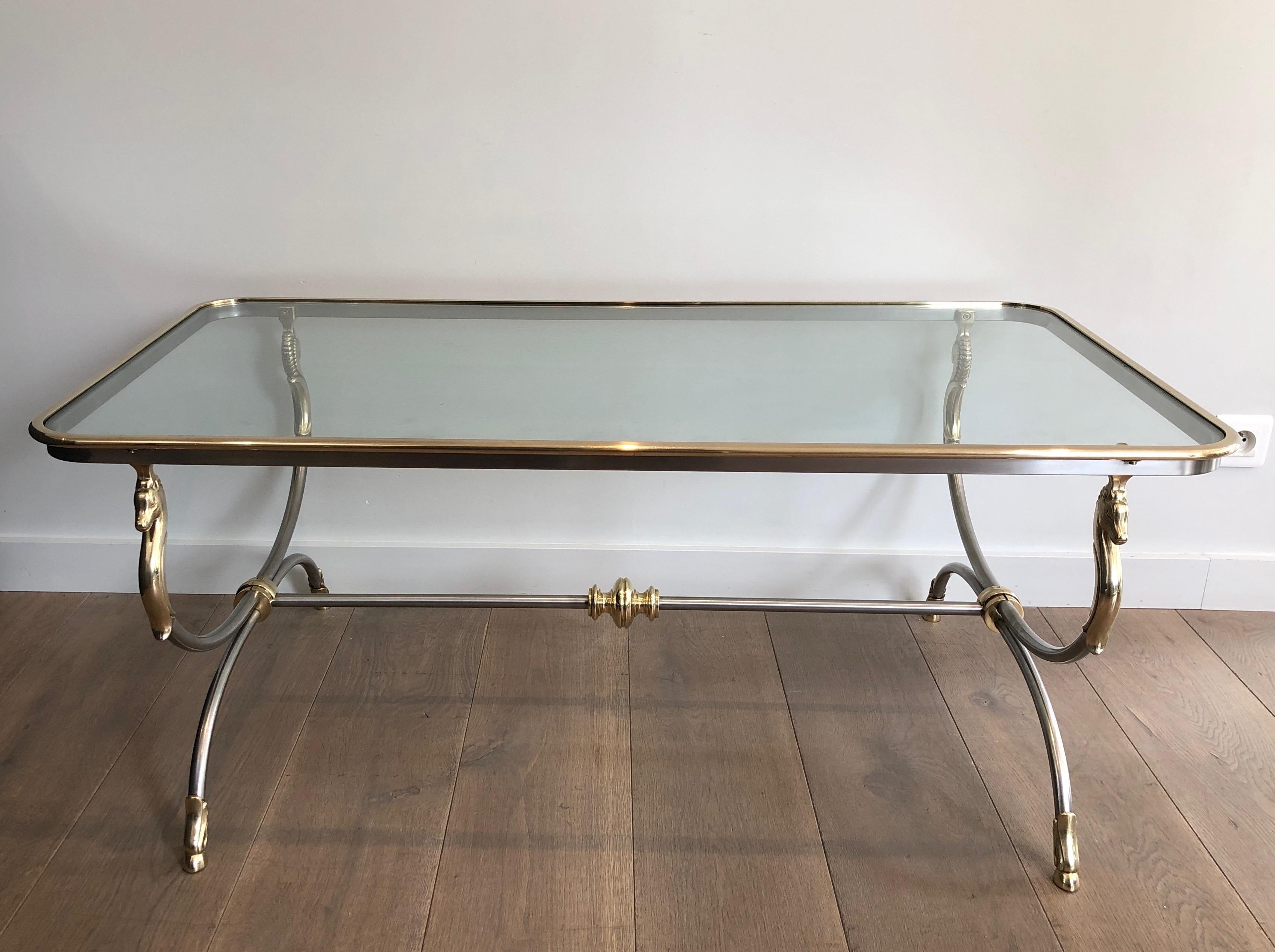 Neoclassical In the style of Maison Jansen. Large Brushed Steel and Brass Coffee Table For Sale
