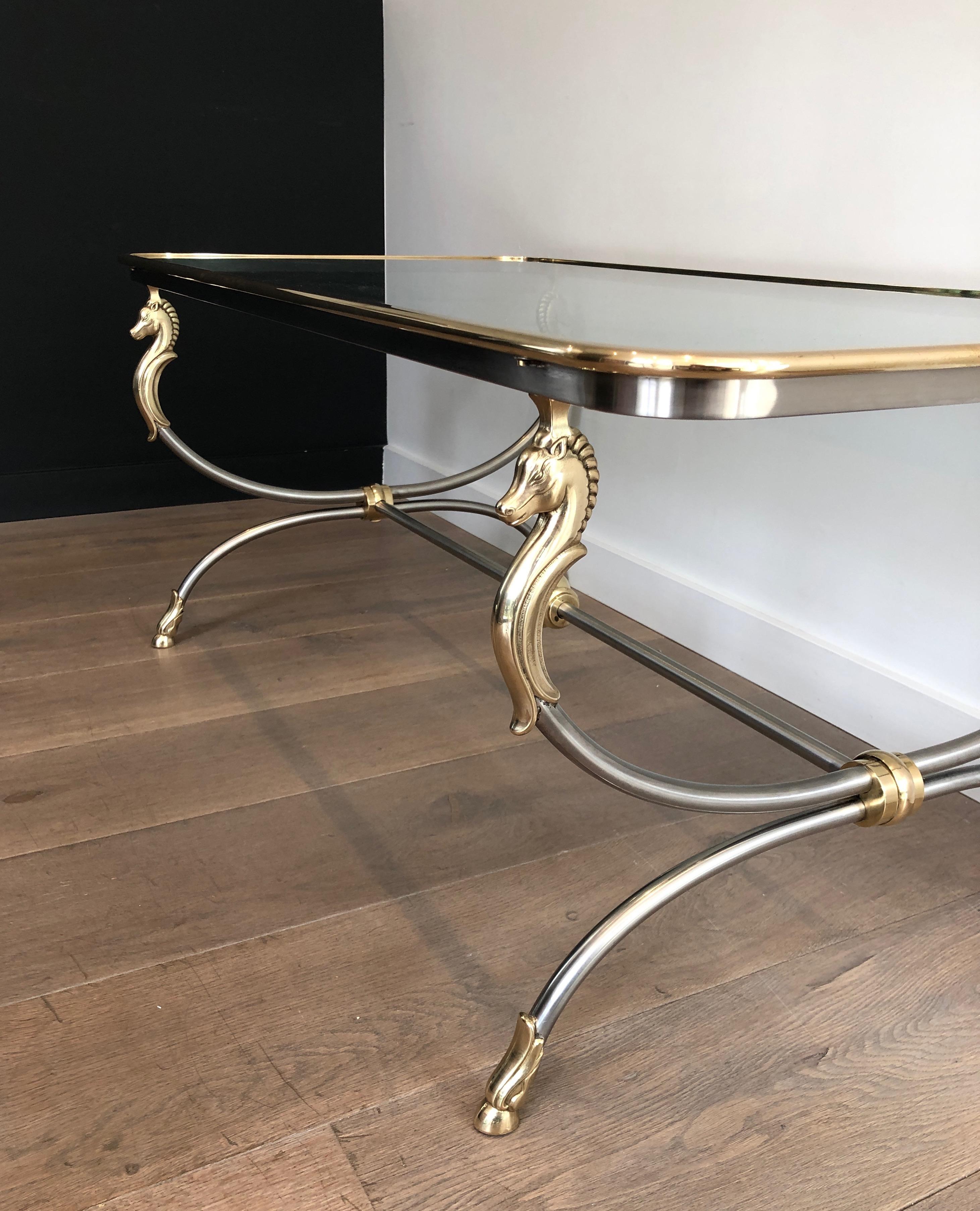French In the style of Maison Jansen. Large Brushed Steel and Brass Coffee Table For Sale