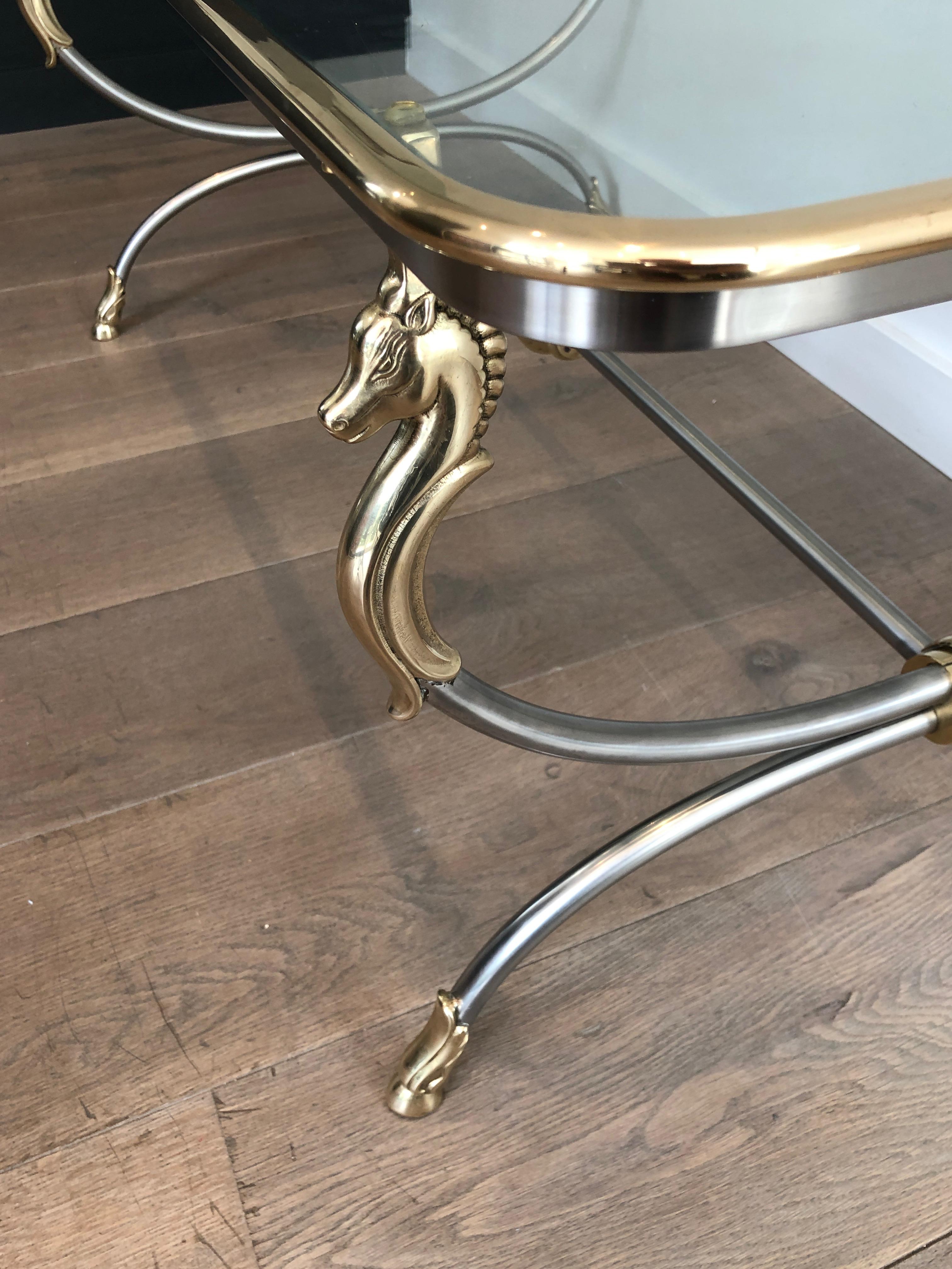 In the style of Maison Jansen. Large Brushed Steel and Brass Coffee Table In Good Condition For Sale In Marcq-en-Barœul, Hauts-de-France