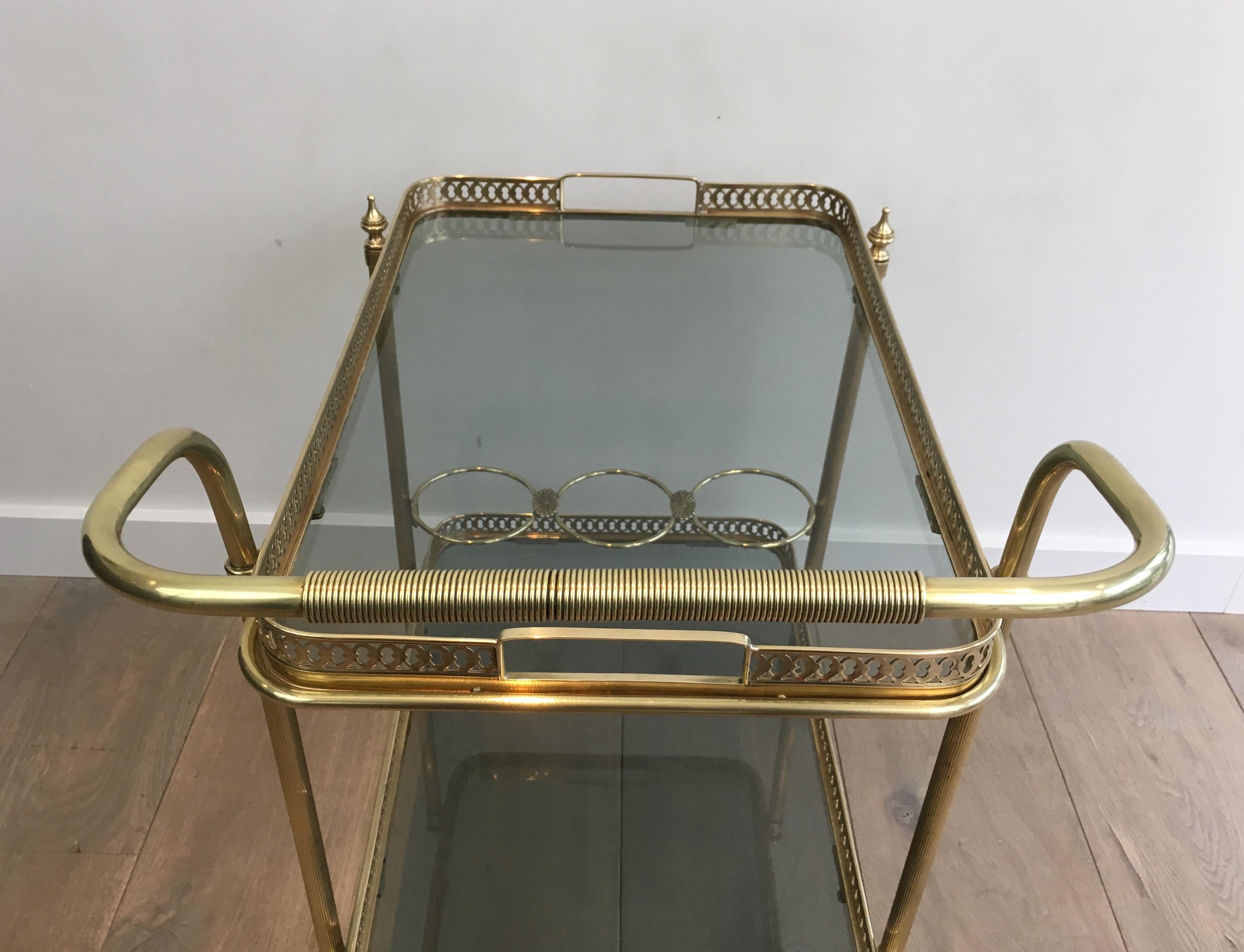 In the Style of Maison Jansen, Neoclassical Brass Bar Cart with Blueish Glass 5