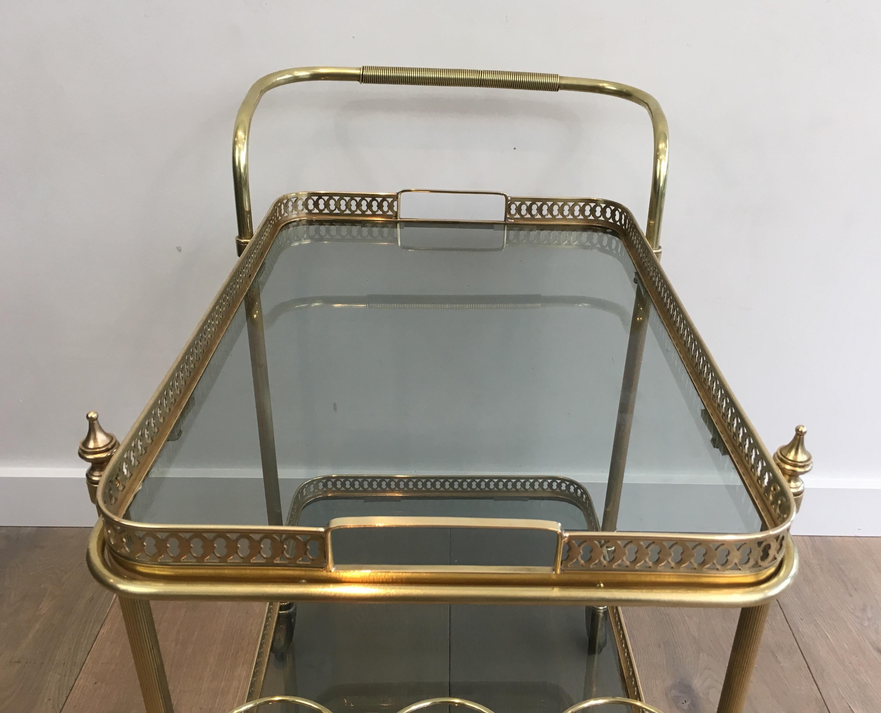 In the Style of Maison Jansen, Neoclassical Brass Bar Cart with Blueish Glass 6