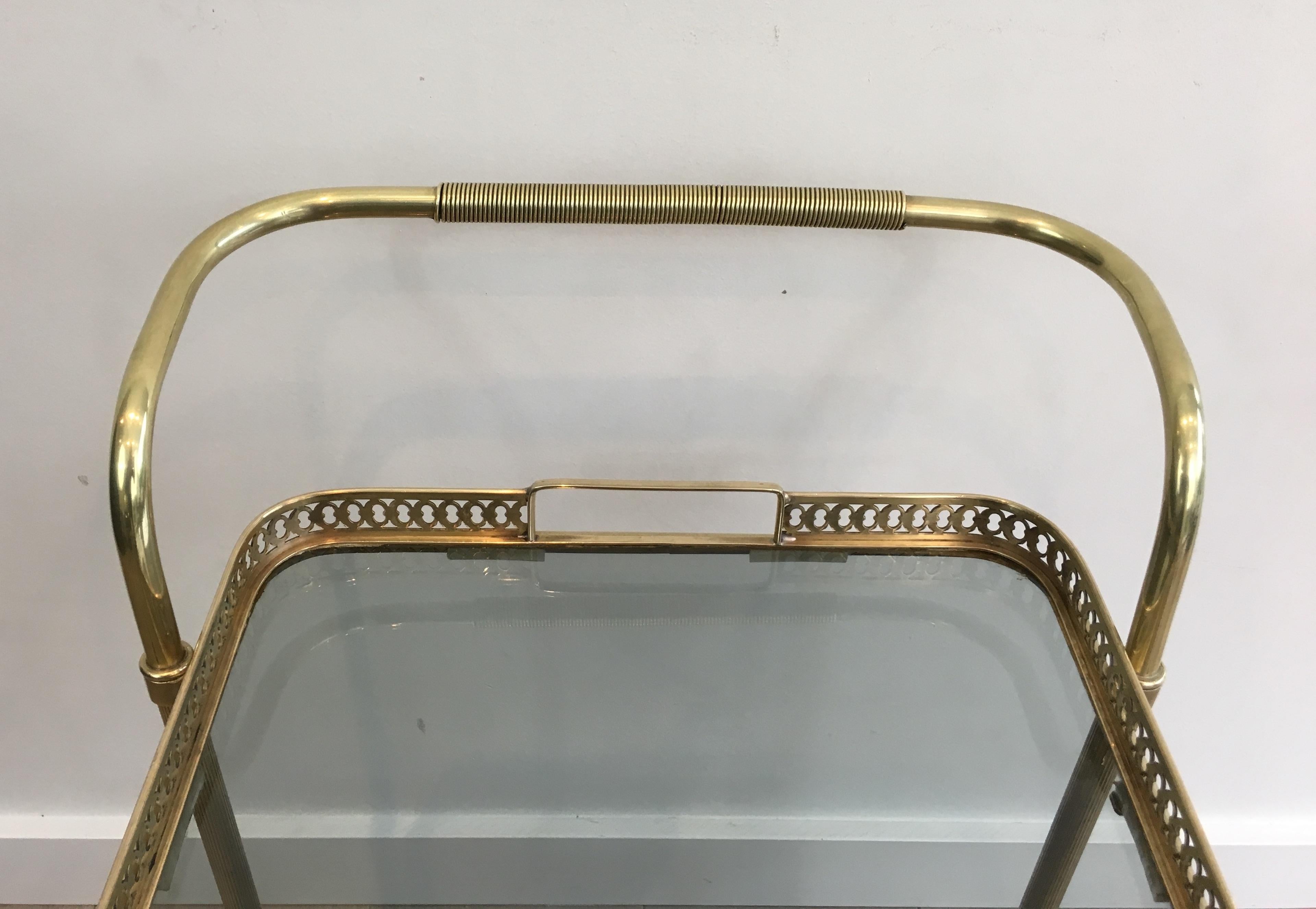 In the Style of Maison Jansen, Neoclassical Brass Bar Cart with Blueish Glass 7