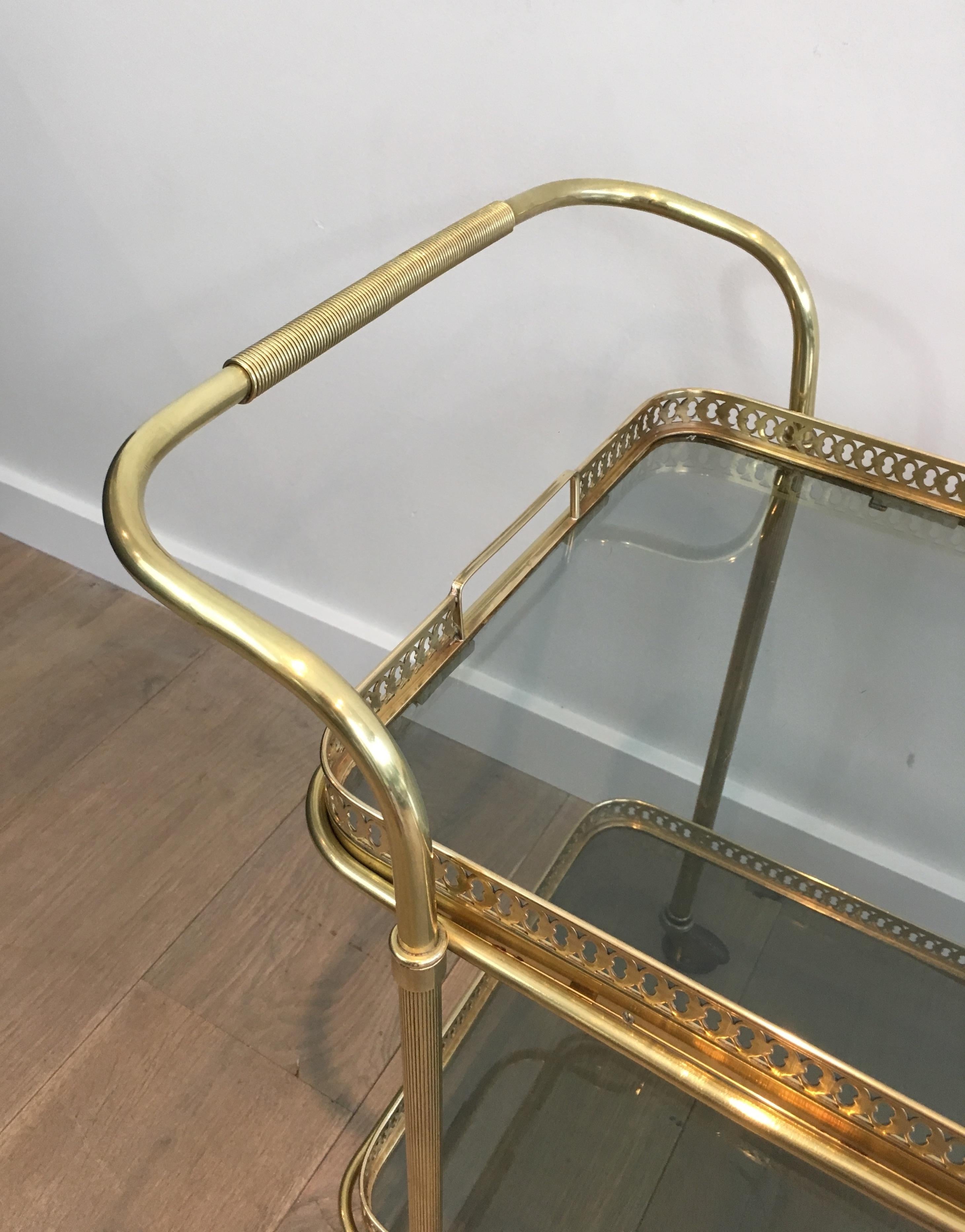 In the Style of Maison Jansen, Neoclassical Brass Bar Cart with Blueish Glass 8