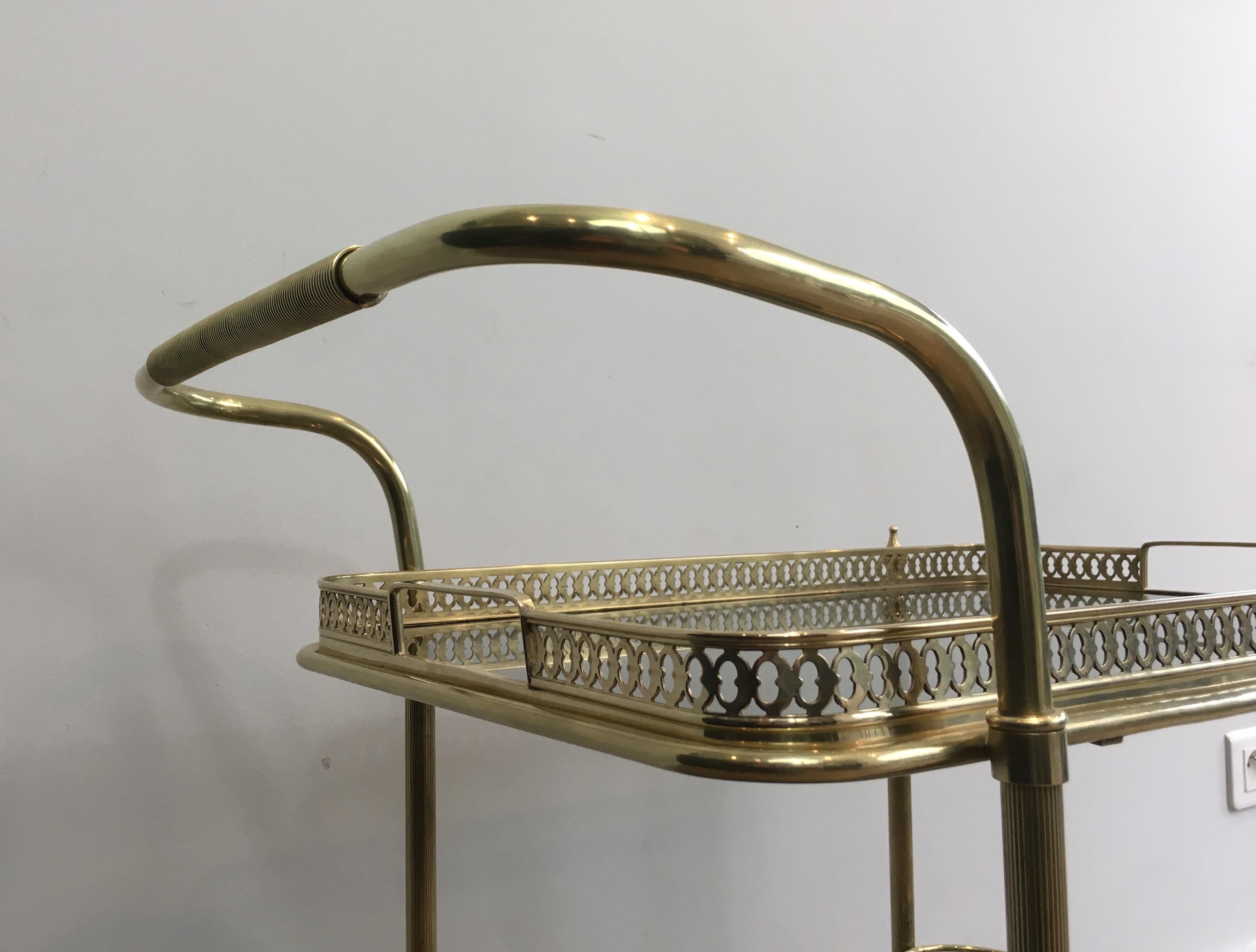 In the Style of Maison Jansen, Neoclassical Brass Bar Cart with Blueish Glass 9