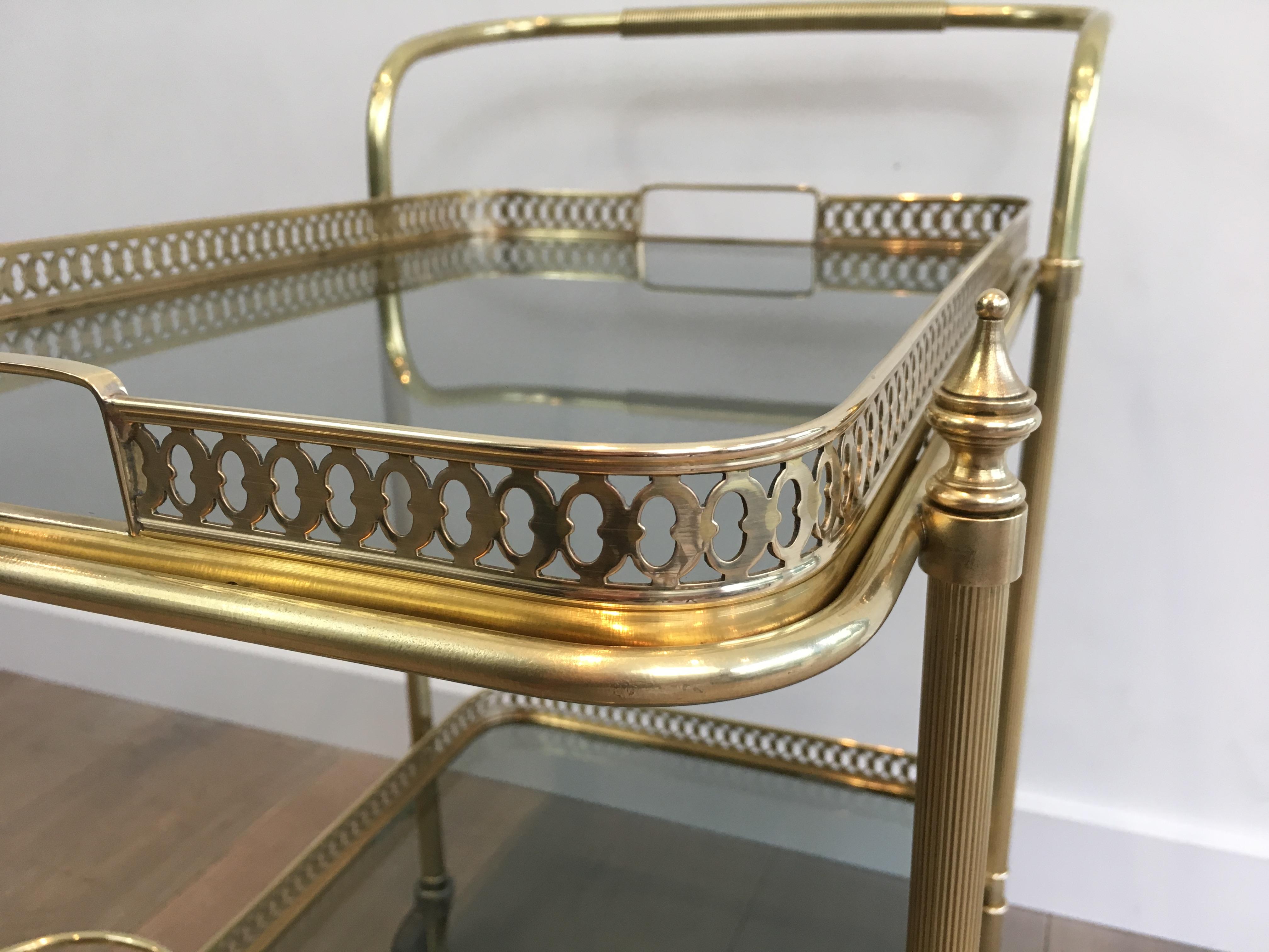 In the Style of Maison Jansen, Neoclassical Brass Bar Cart with Blueish Glass 11