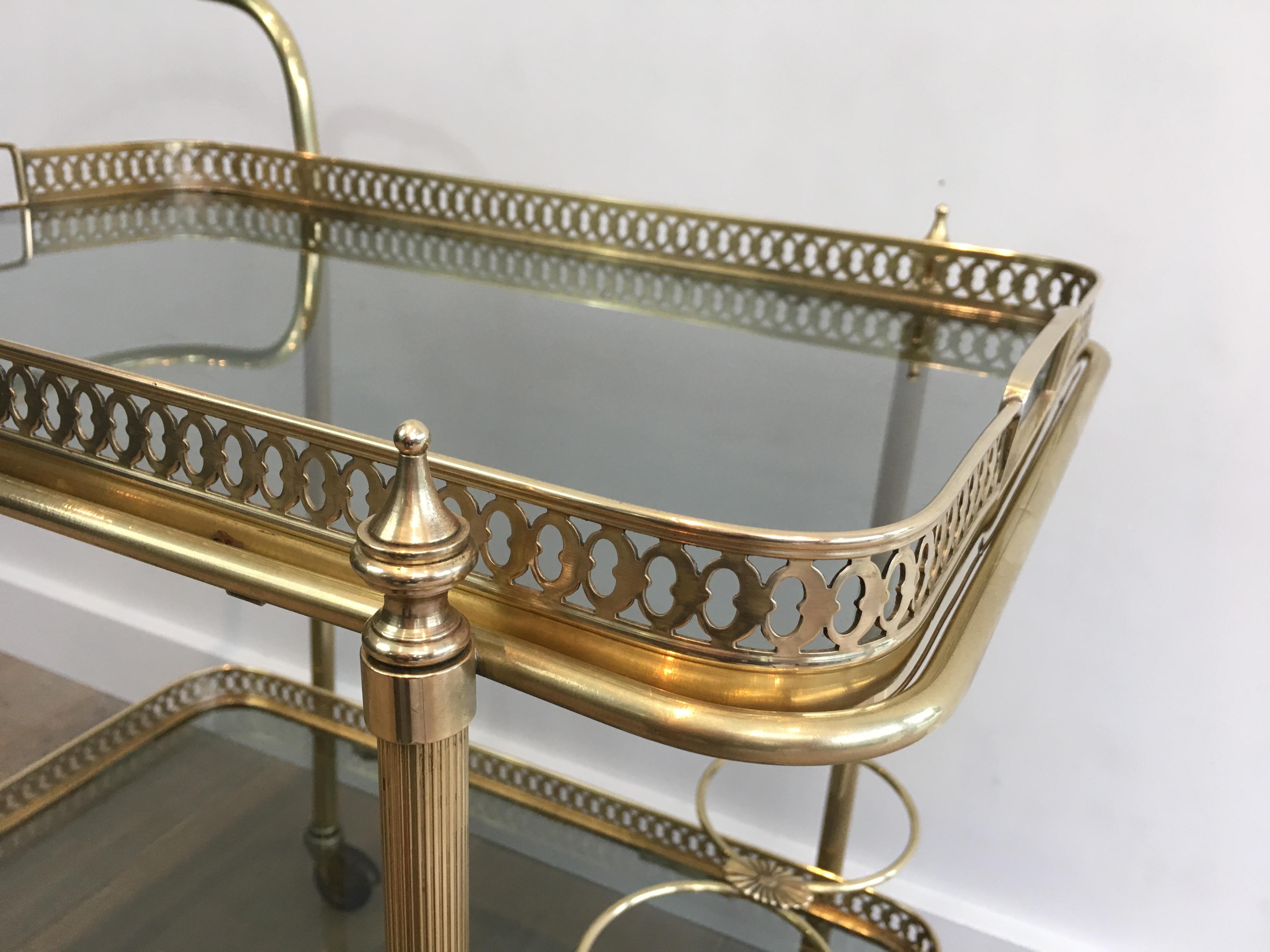 In the Style of Maison Jansen, Neoclassical Brass Bar Cart with Blueish Glass 12