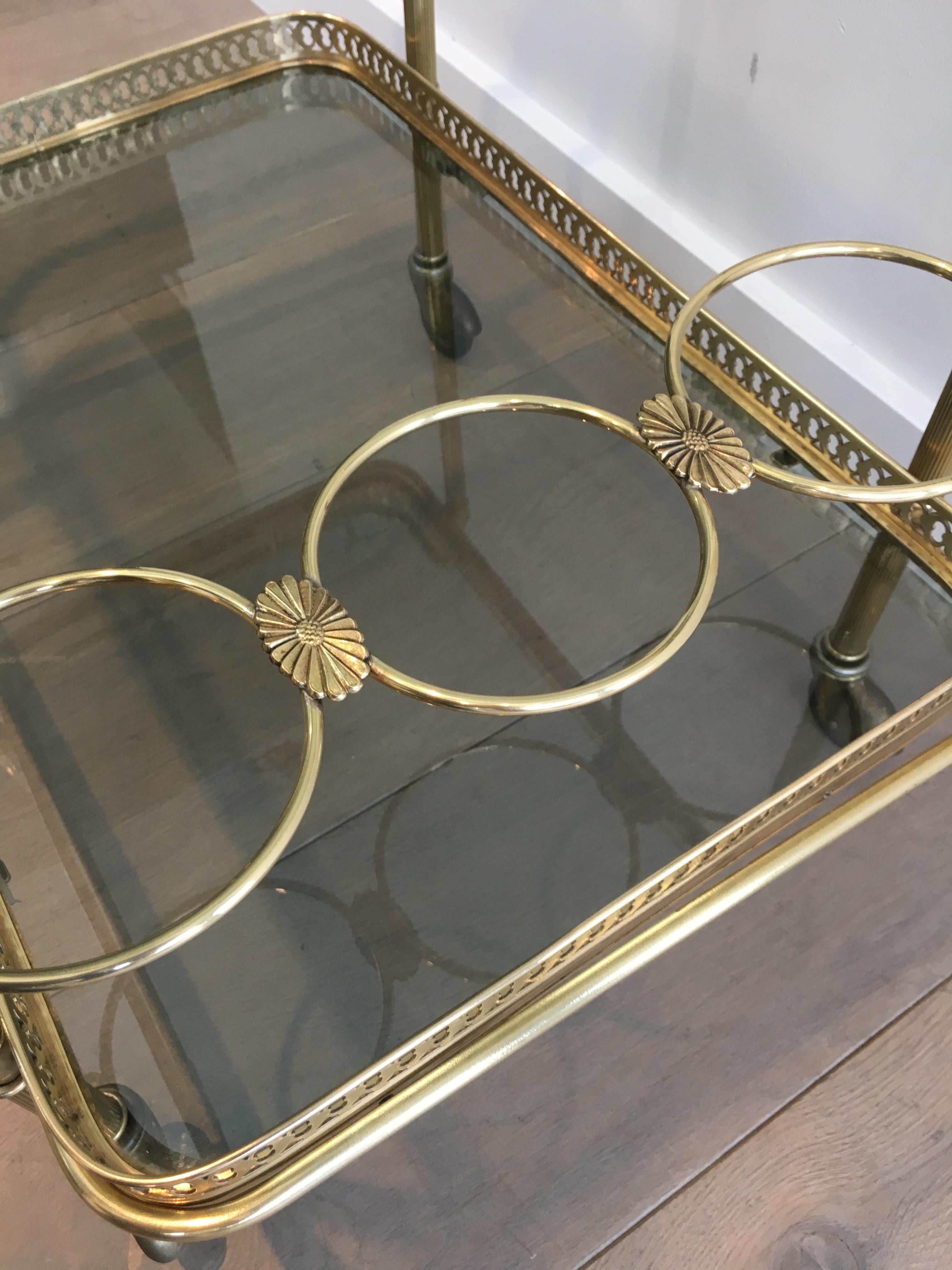 In the Style of Maison Jansen, Neoclassical Brass Bar Cart with Blueish Glass 13