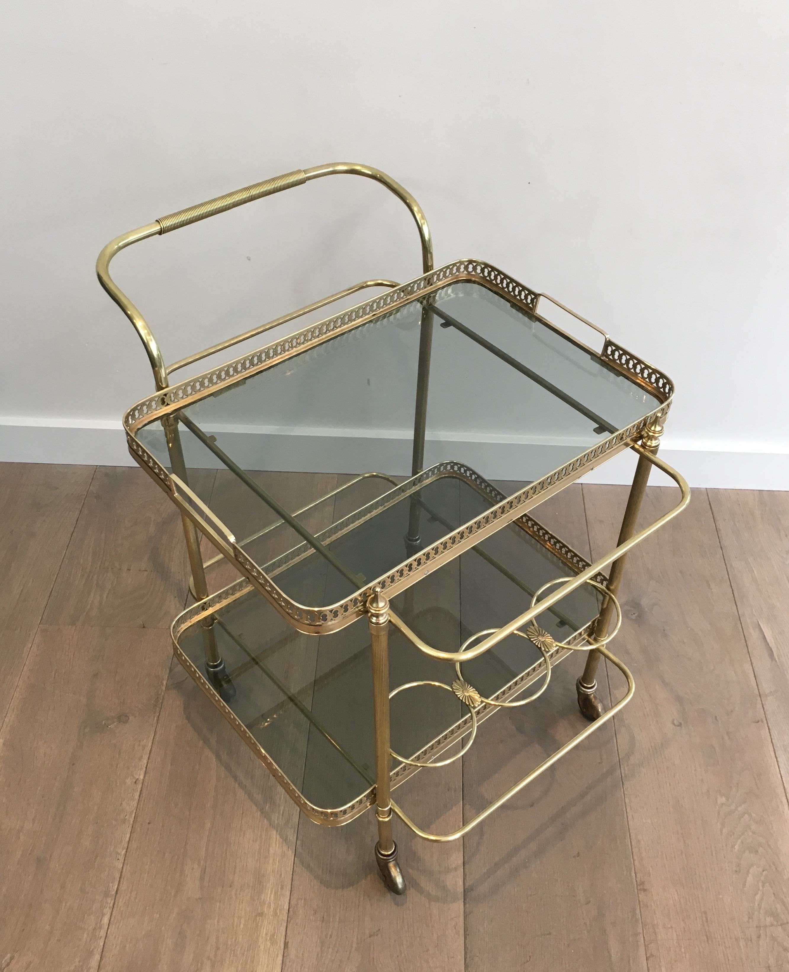 In the Style of Maison Jansen, Neoclassical Brass Bar Cart with Blueish Glass 14