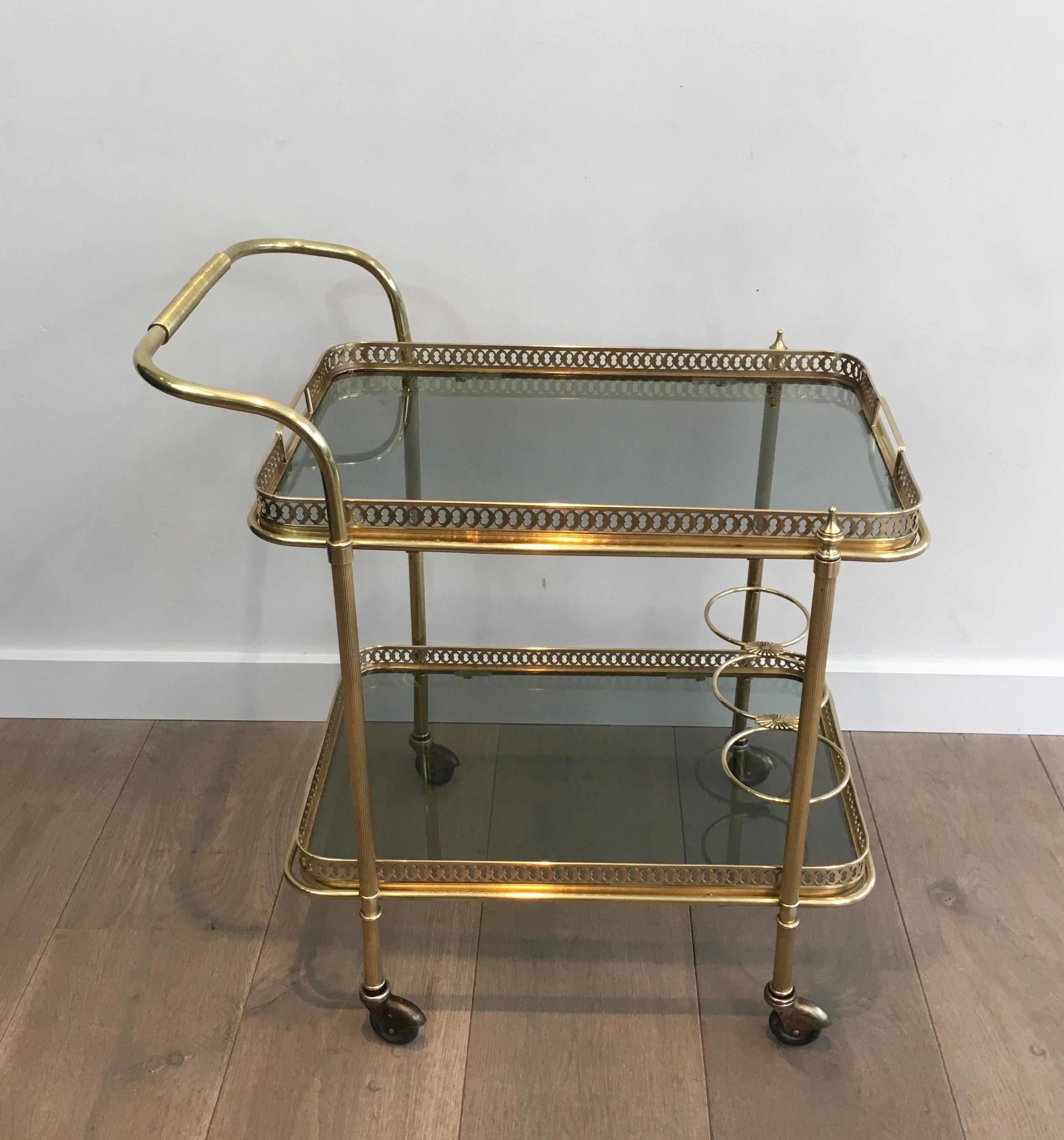 In the Style of Maison Jansen, Neoclassical Brass Bar Cart with Blueish Glass 15