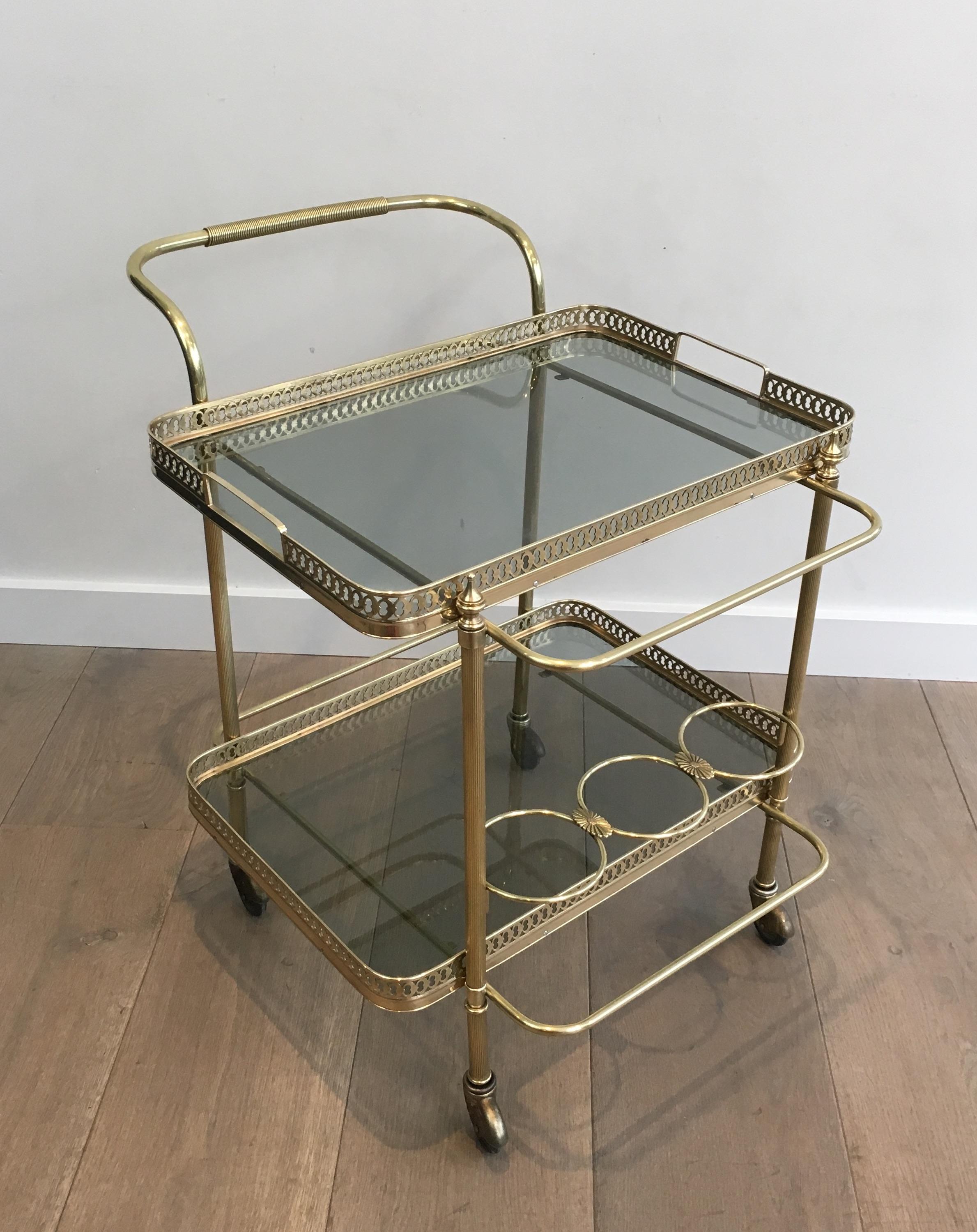 French In the Style of Maison Jansen, Neoclassical Brass Bar Cart with Blueish Glass