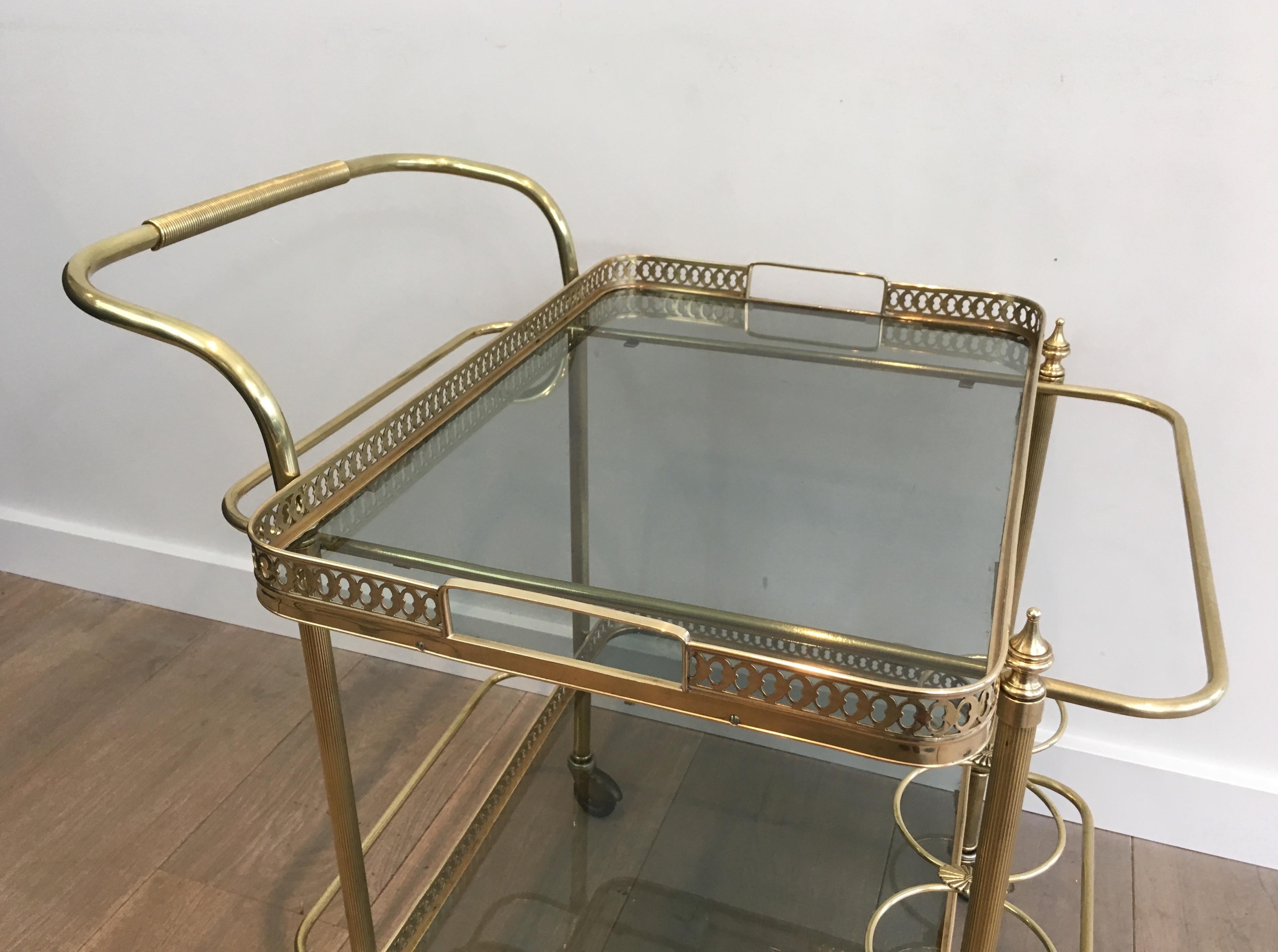 Mid-20th Century In the Style of Maison Jansen, Neoclassical Brass Bar Cart with Blueish Glass