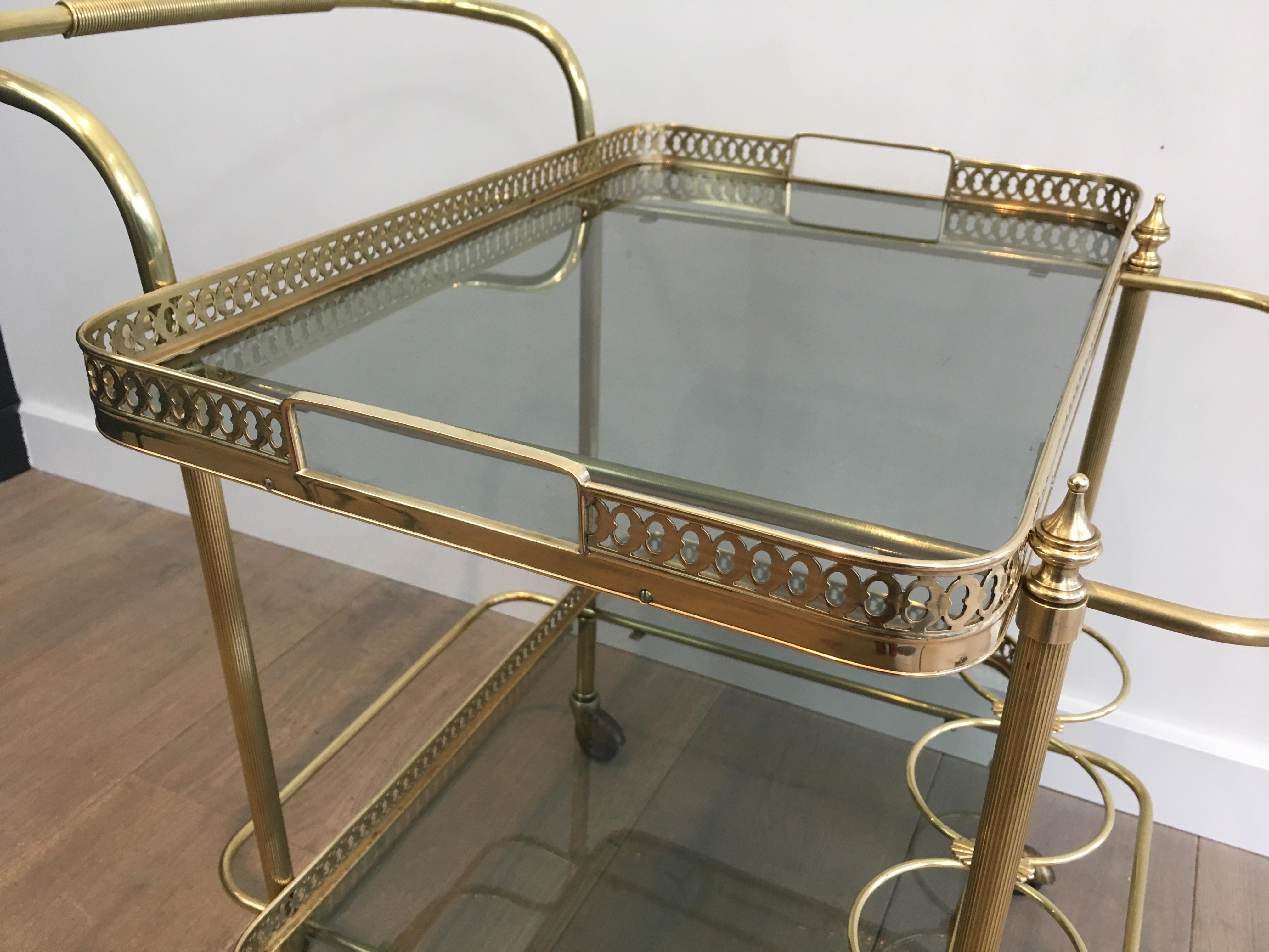 In the Style of Maison Jansen, Neoclassical Brass Bar Cart with Blueish Glass 1