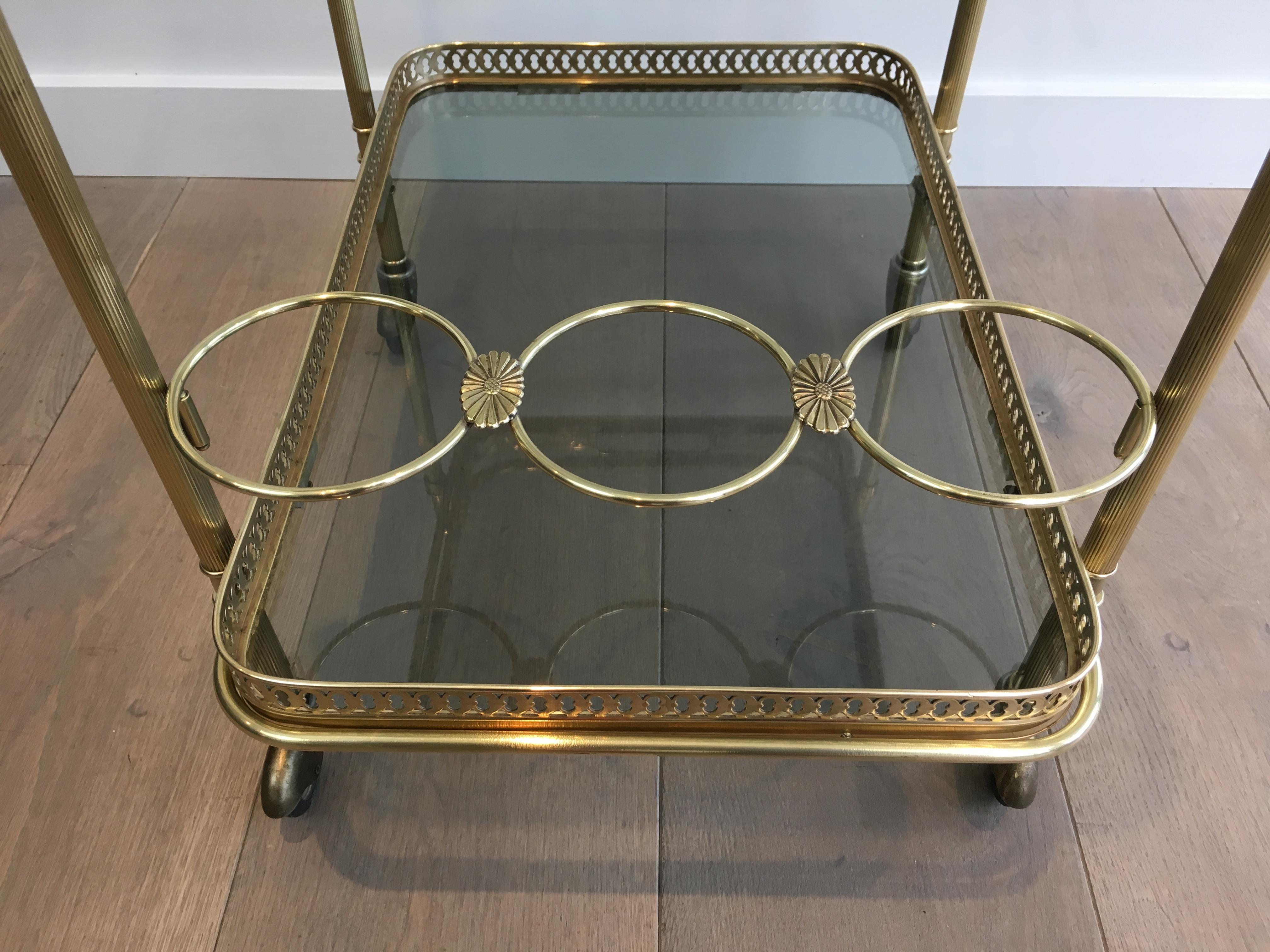 In the Style of Maison Jansen, Neoclassical Brass Bar Cart with Blueish Glass 2