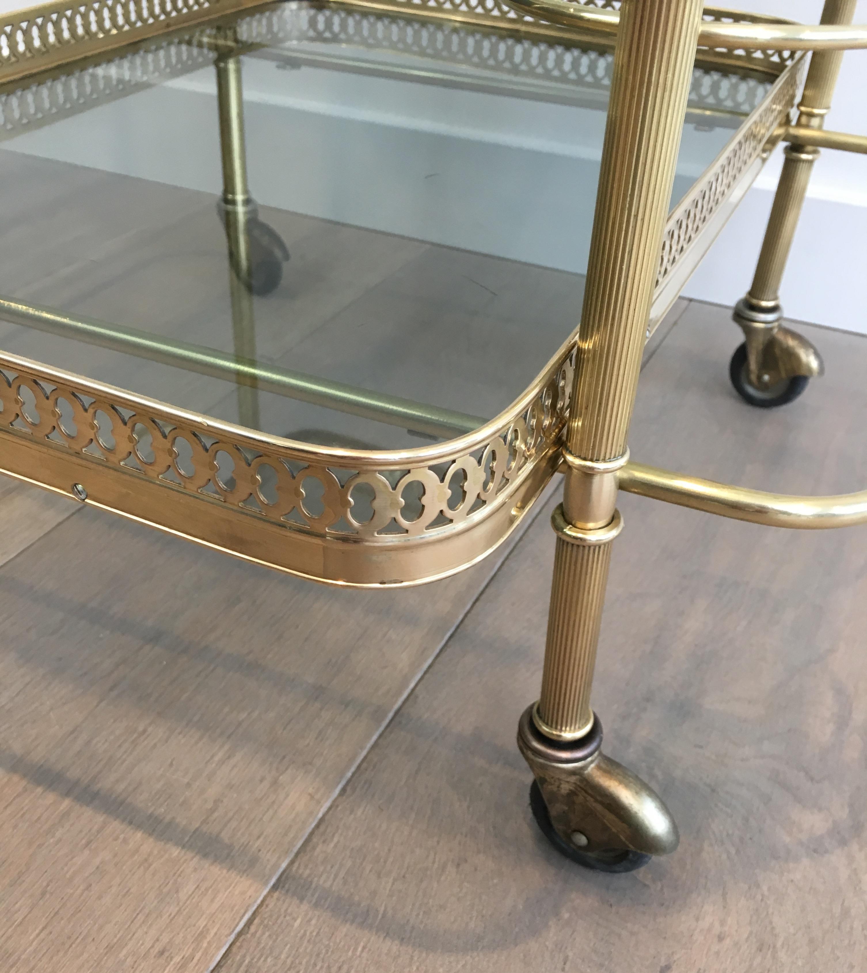 In the Style of Maison Jansen, Neoclassical Brass Bar Cart with Blueish Glass 3