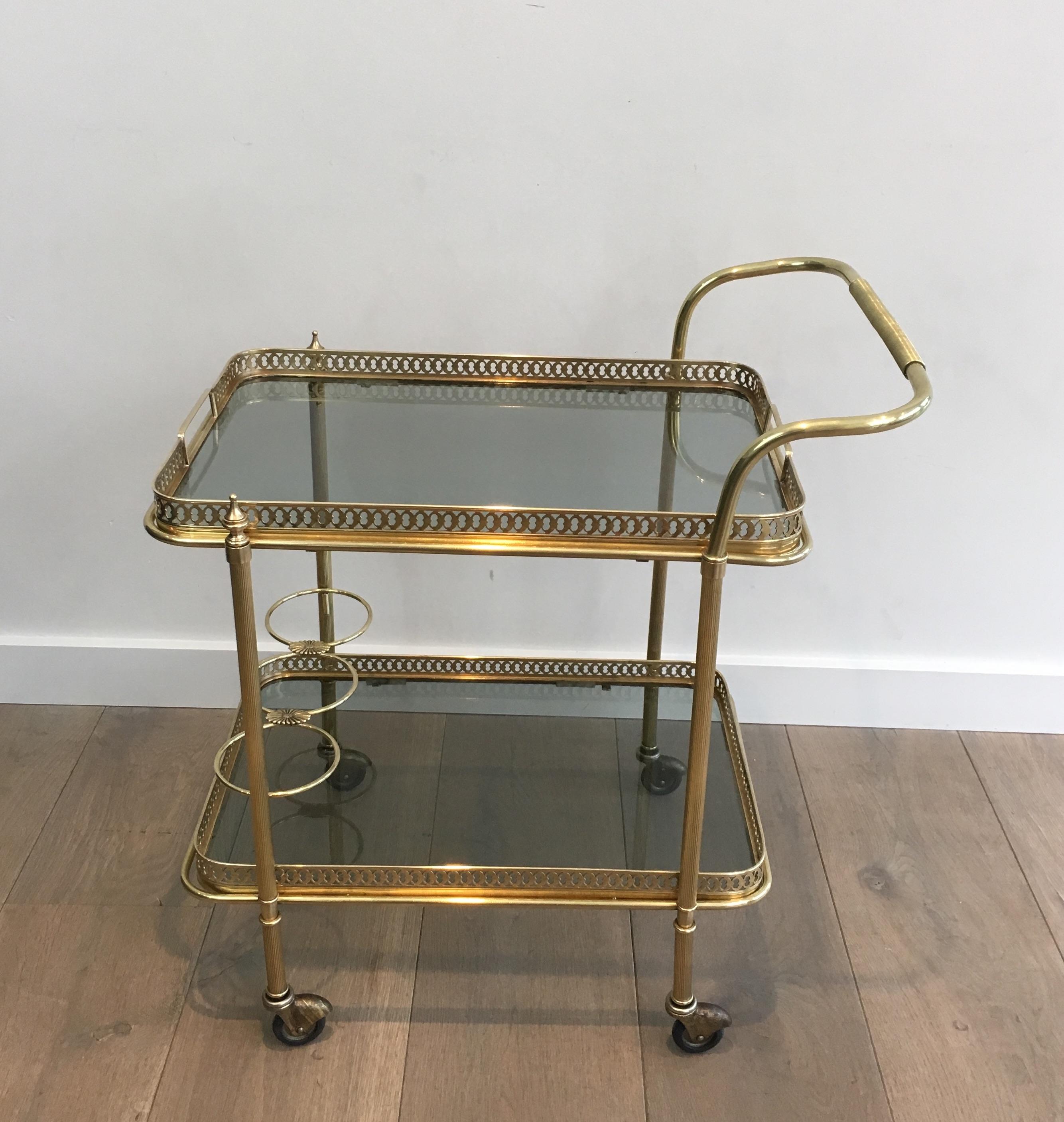 In the Style of Maison Jansen, Neoclassical Brass Bar Cart with Blueish Glass 4