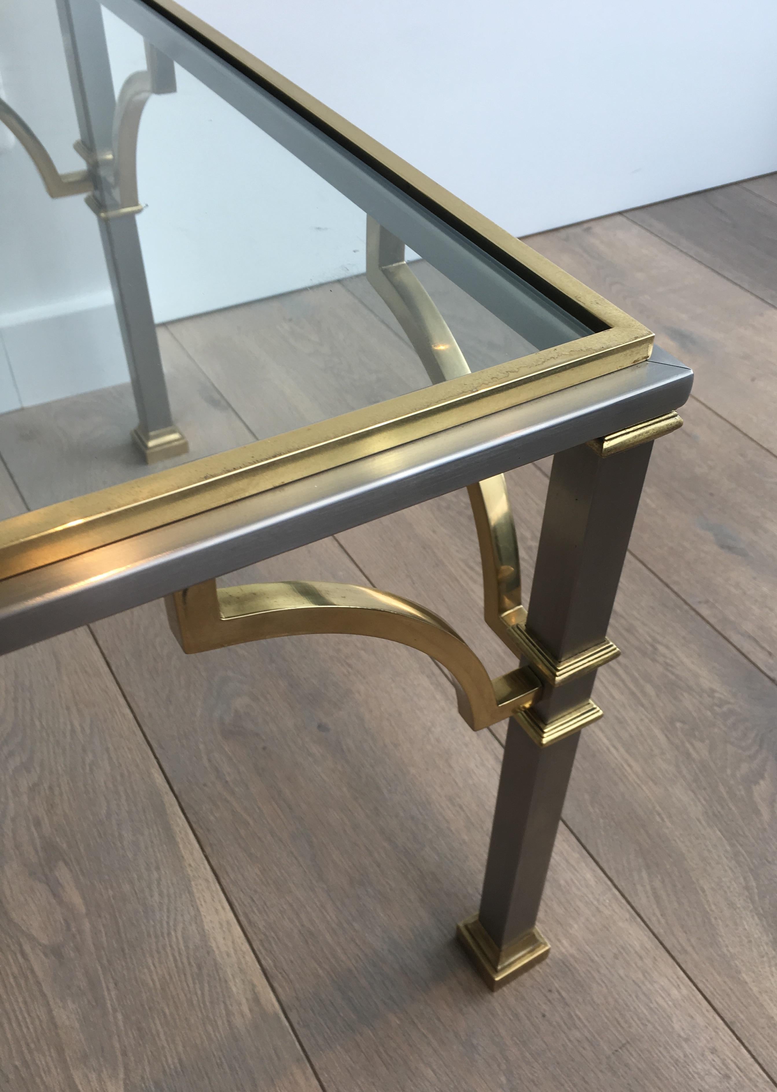 In the Style of Maison Jansen, Neoclassical Brushed Steel and Brass Coffee Table 5