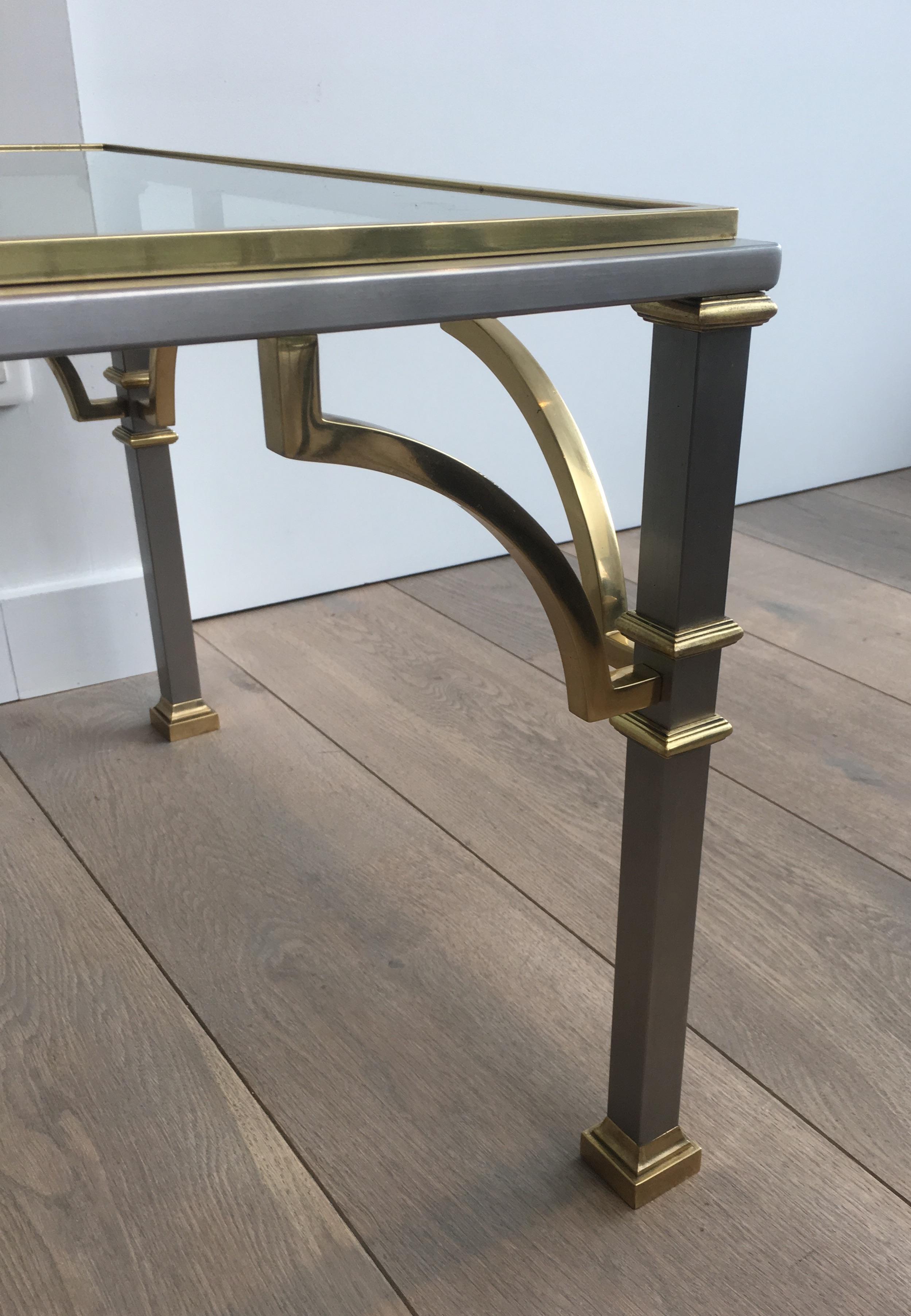 In the Style of Maison Jansen, Neoclassical Brushed Steel and Brass Coffee Table 8