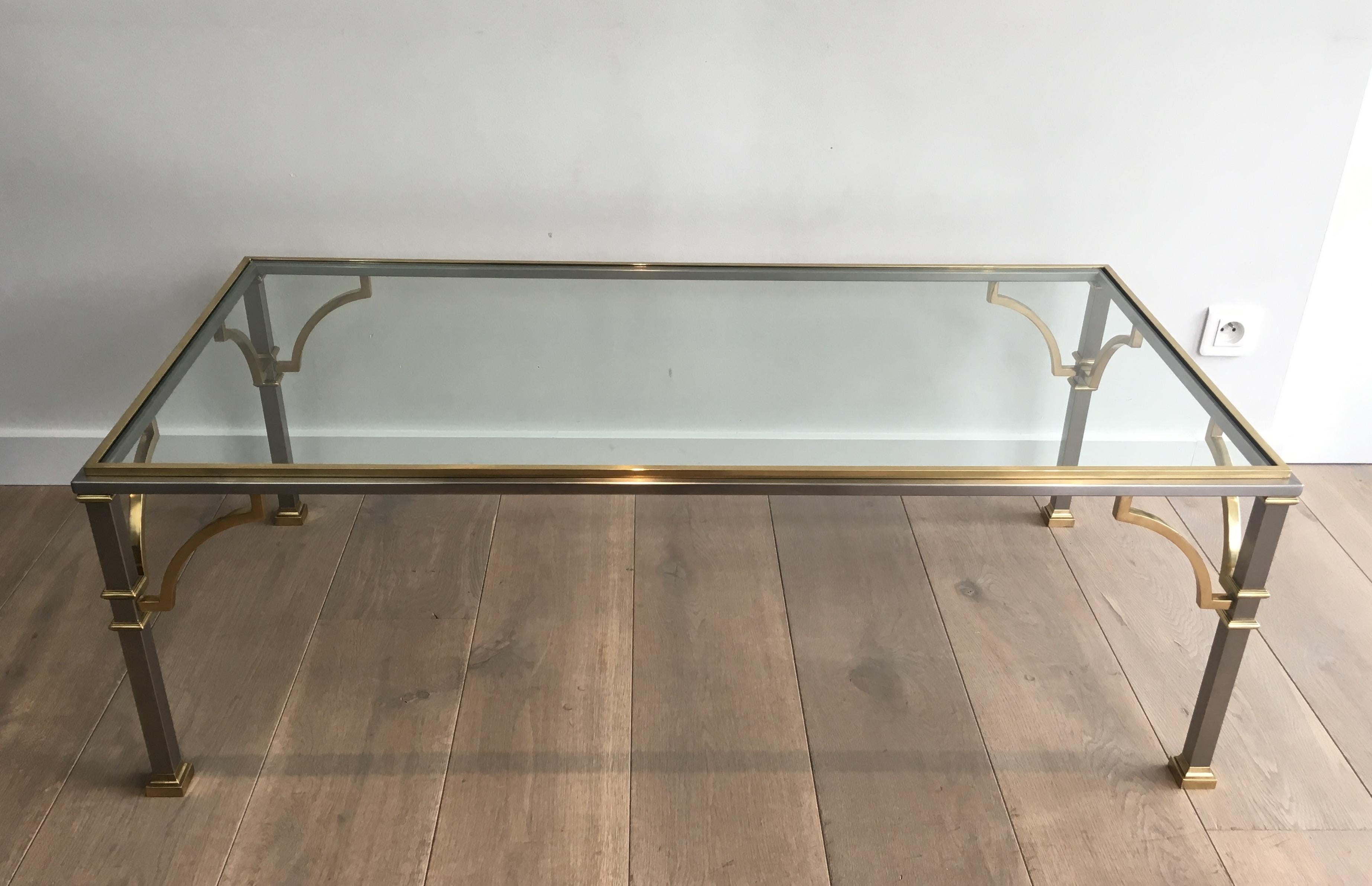 In the Style of Maison Jansen, Neoclassical Brushed Steel and Brass Coffee Table 10