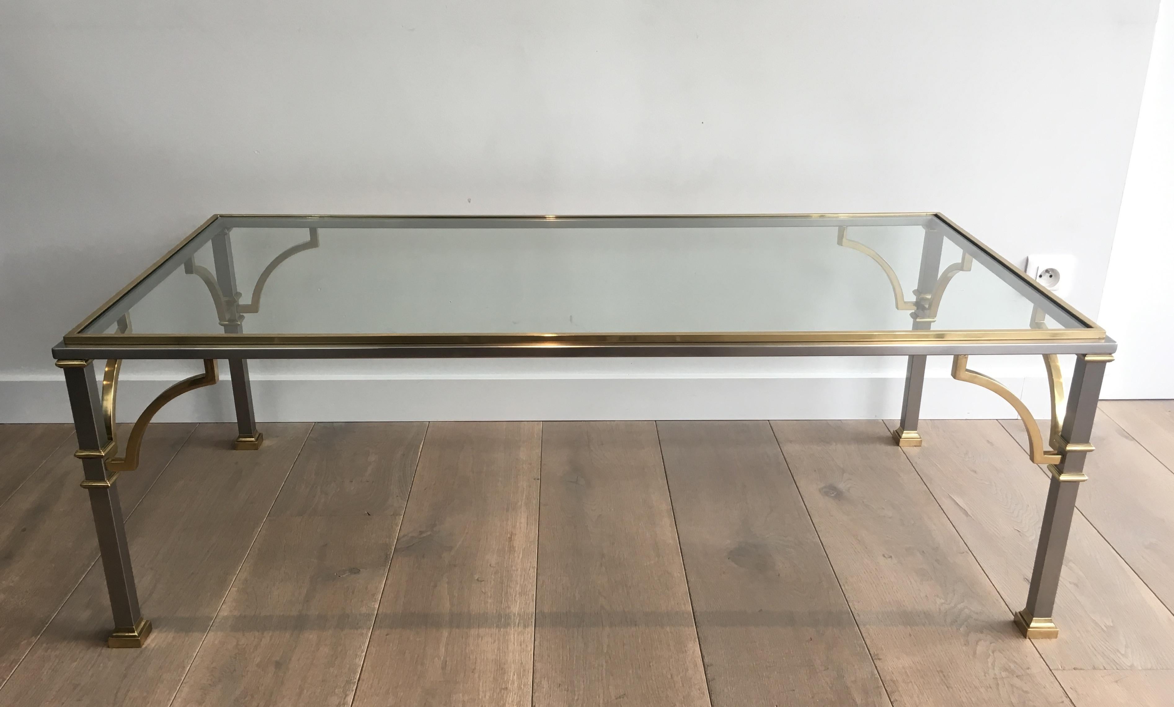 In the Style of Maison Jansen, Neoclassical Brushed Steel and Brass Coffee Table 12