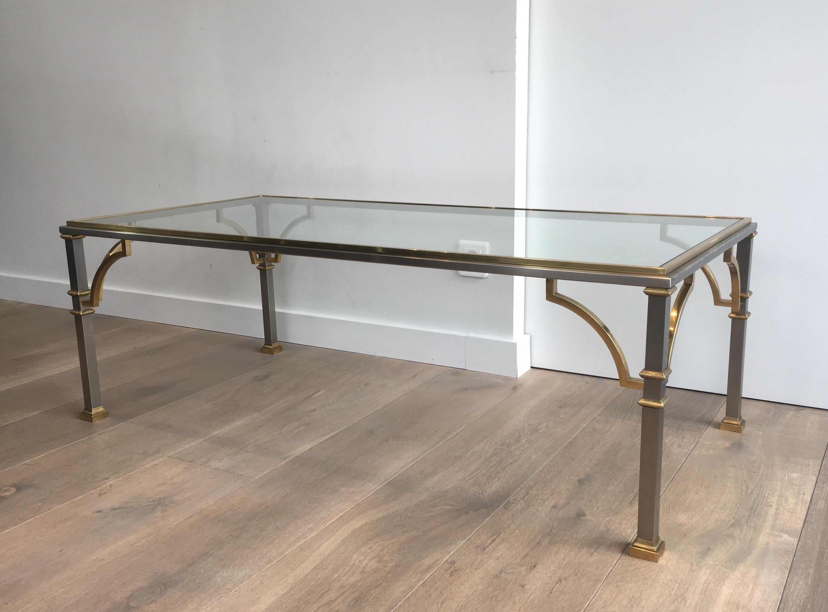 In the Style of Maison Jansen, Neoclassical Brushed Steel and Brass Coffee Table 13