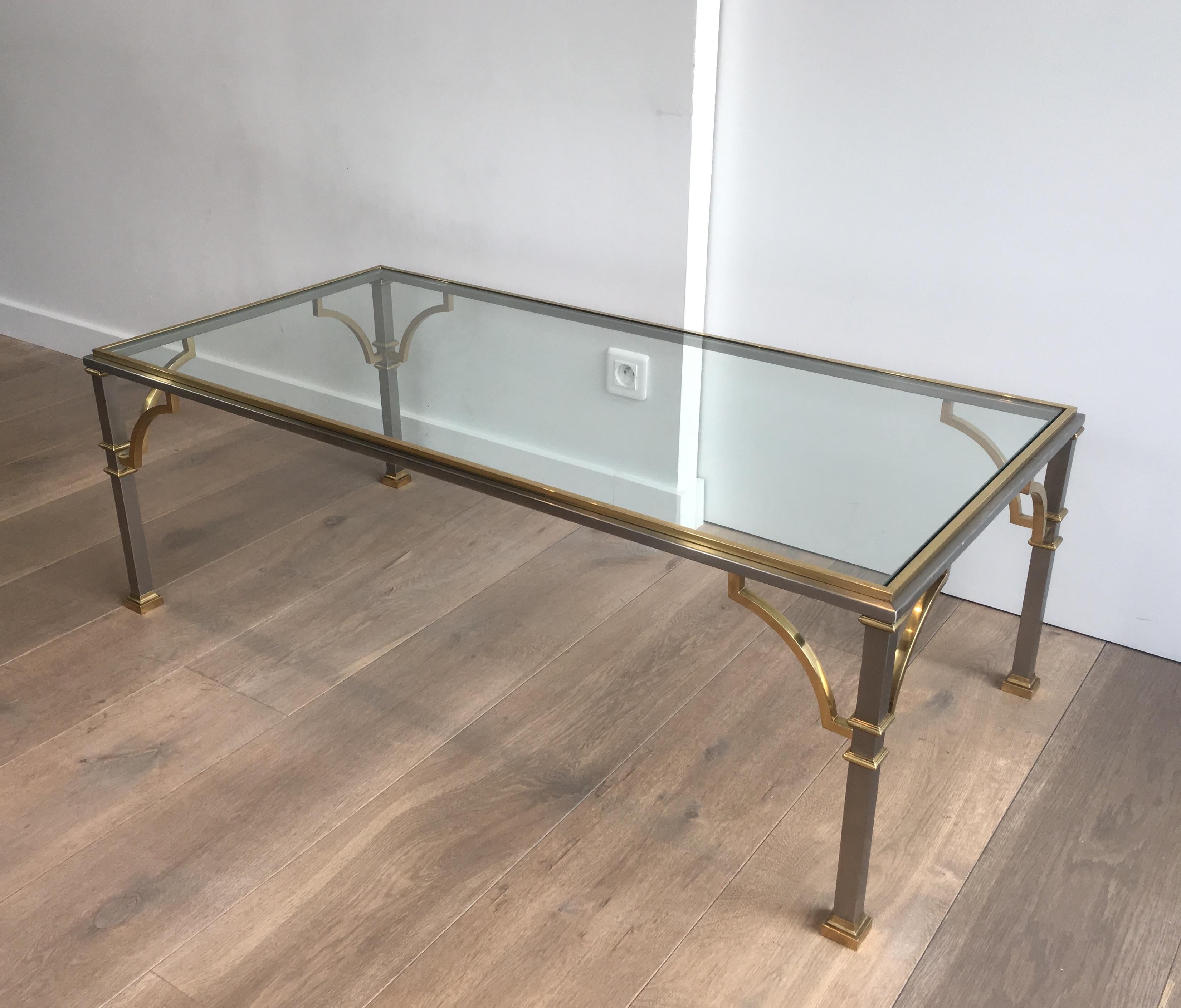 In the Style of Maison Jansen, Neoclassical Brushed Steel and Brass Coffee Table 14