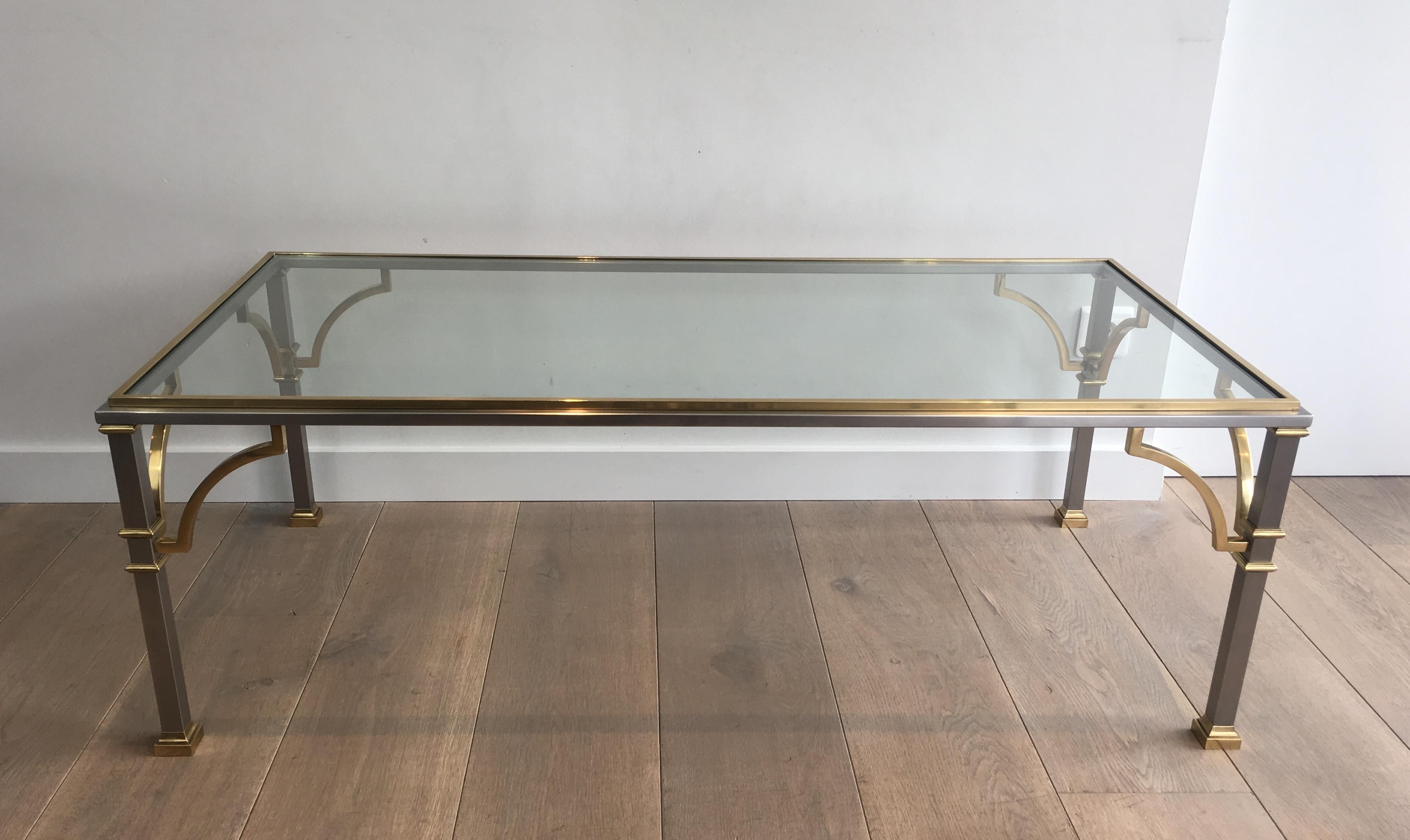 French In the Style of Maison Jansen, Neoclassical Brushed Steel and Brass Coffee Table