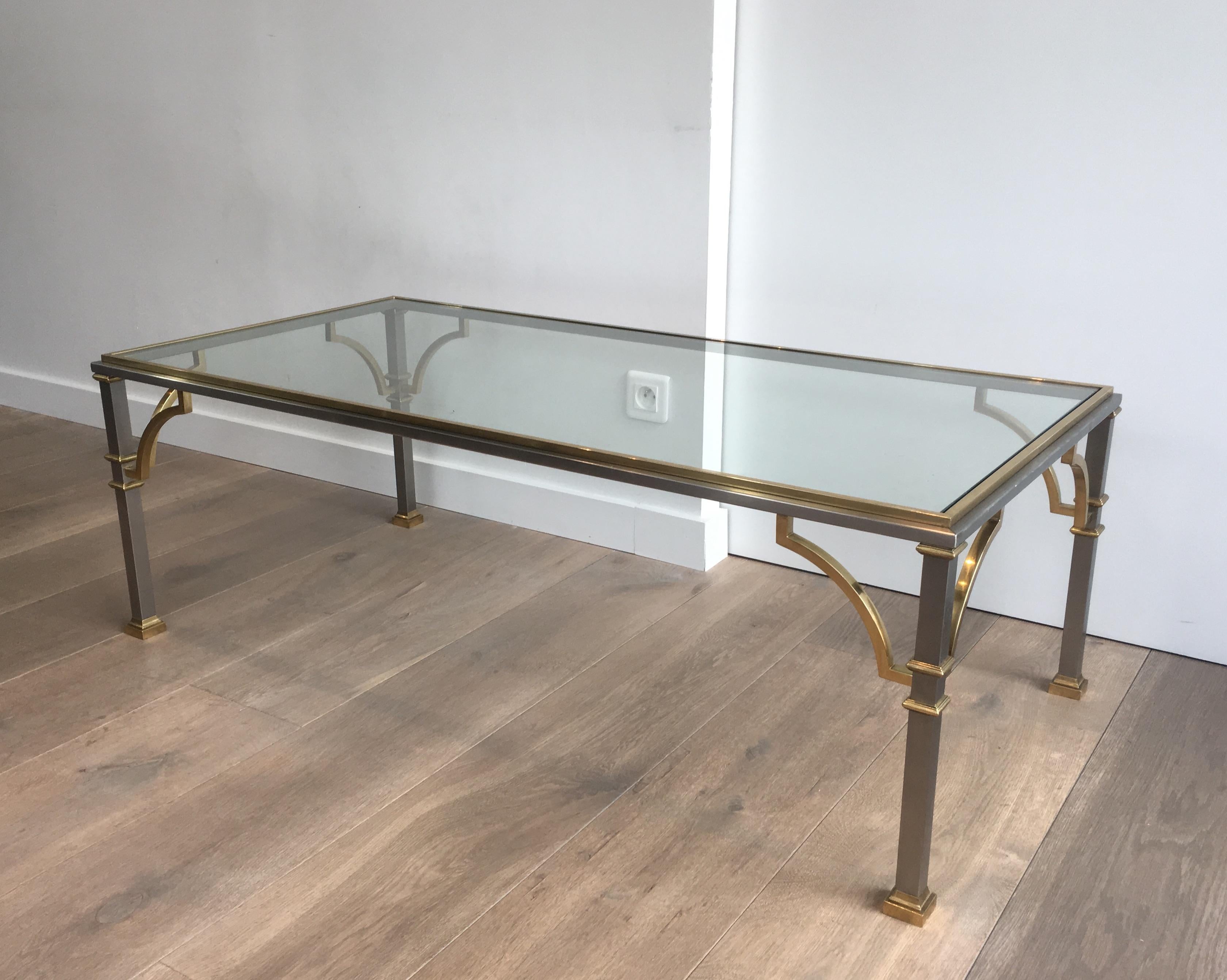 In the Style of Maison Jansen, Neoclassical Brushed Steel and Brass Coffee Table In Good Condition In Marcq-en-Barœul, Hauts-de-France